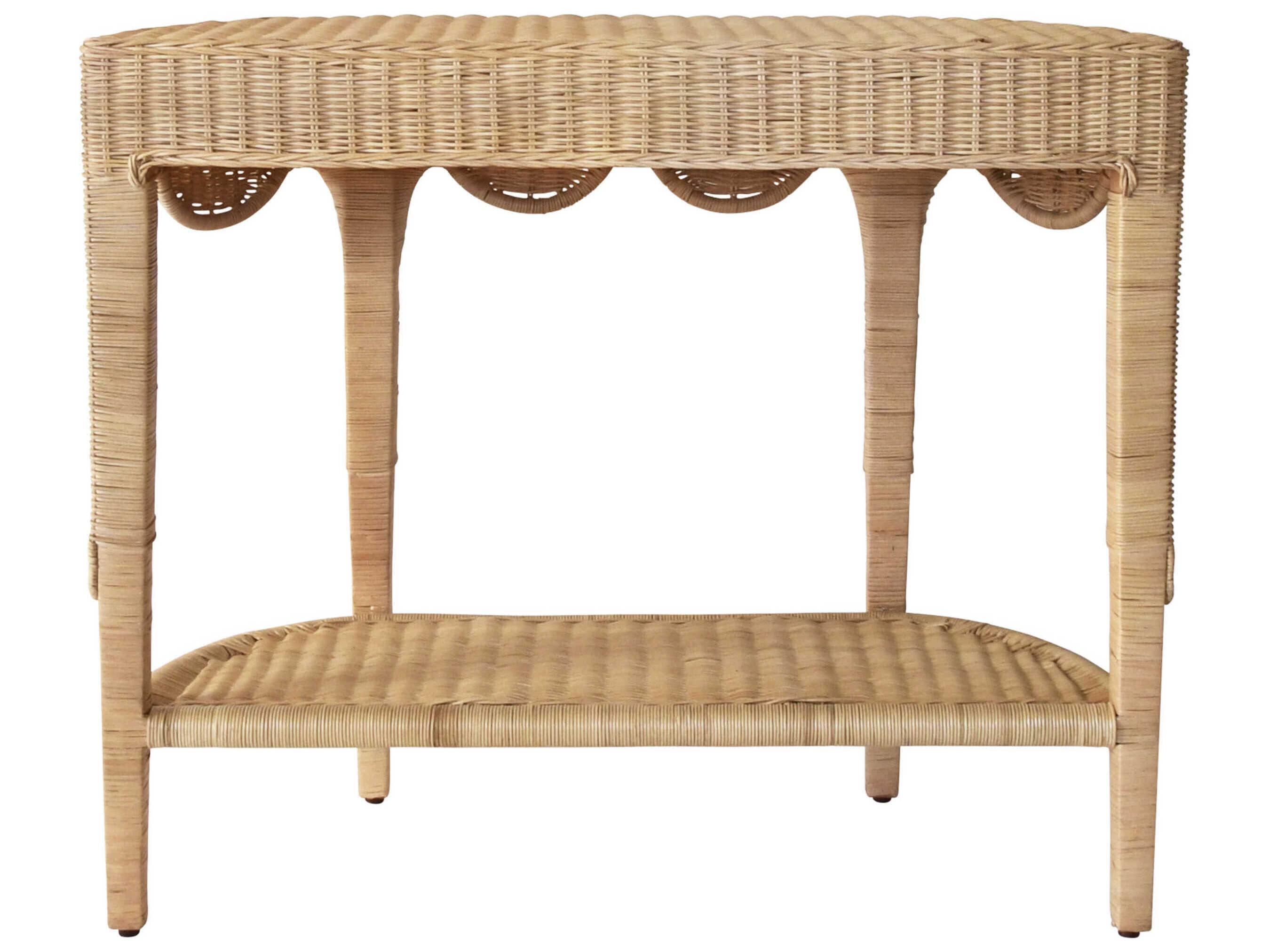 Worlds Away Scalloped Top Demilune Rattan Natural Console Table