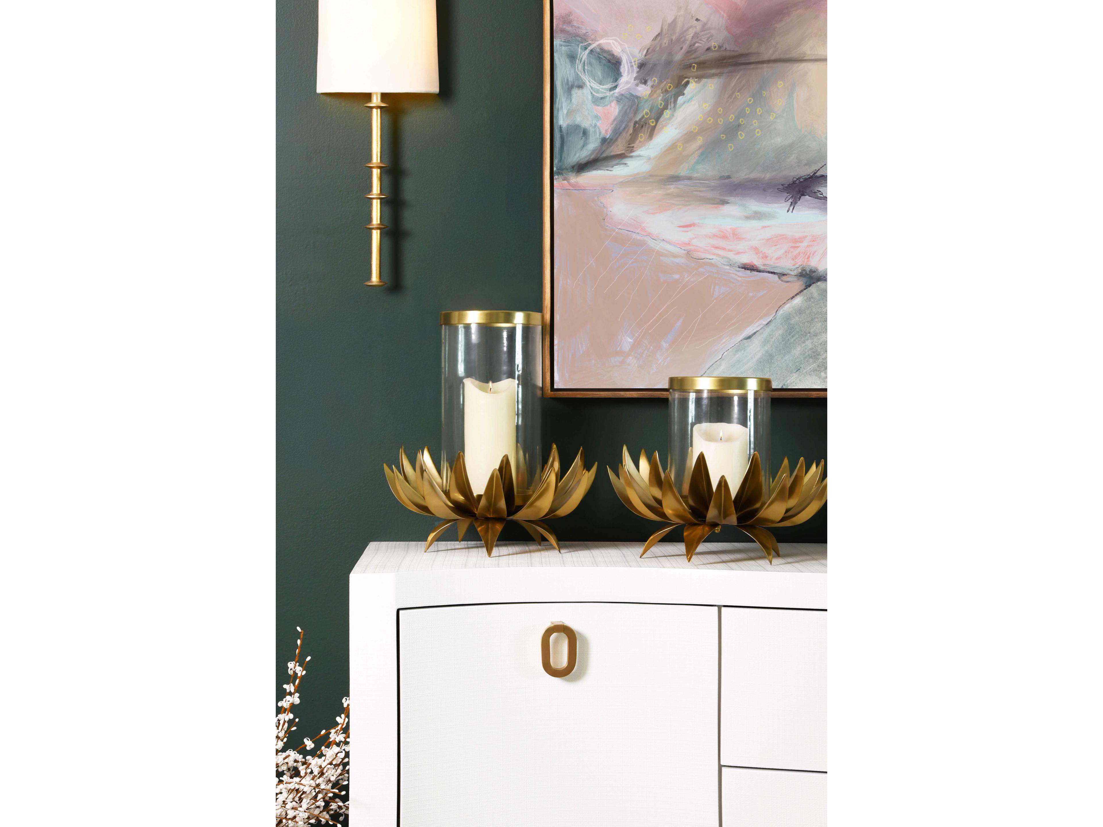 Worlds Away Sirius Small Palm Tree Hurricane in Brass Glass Candle Holder