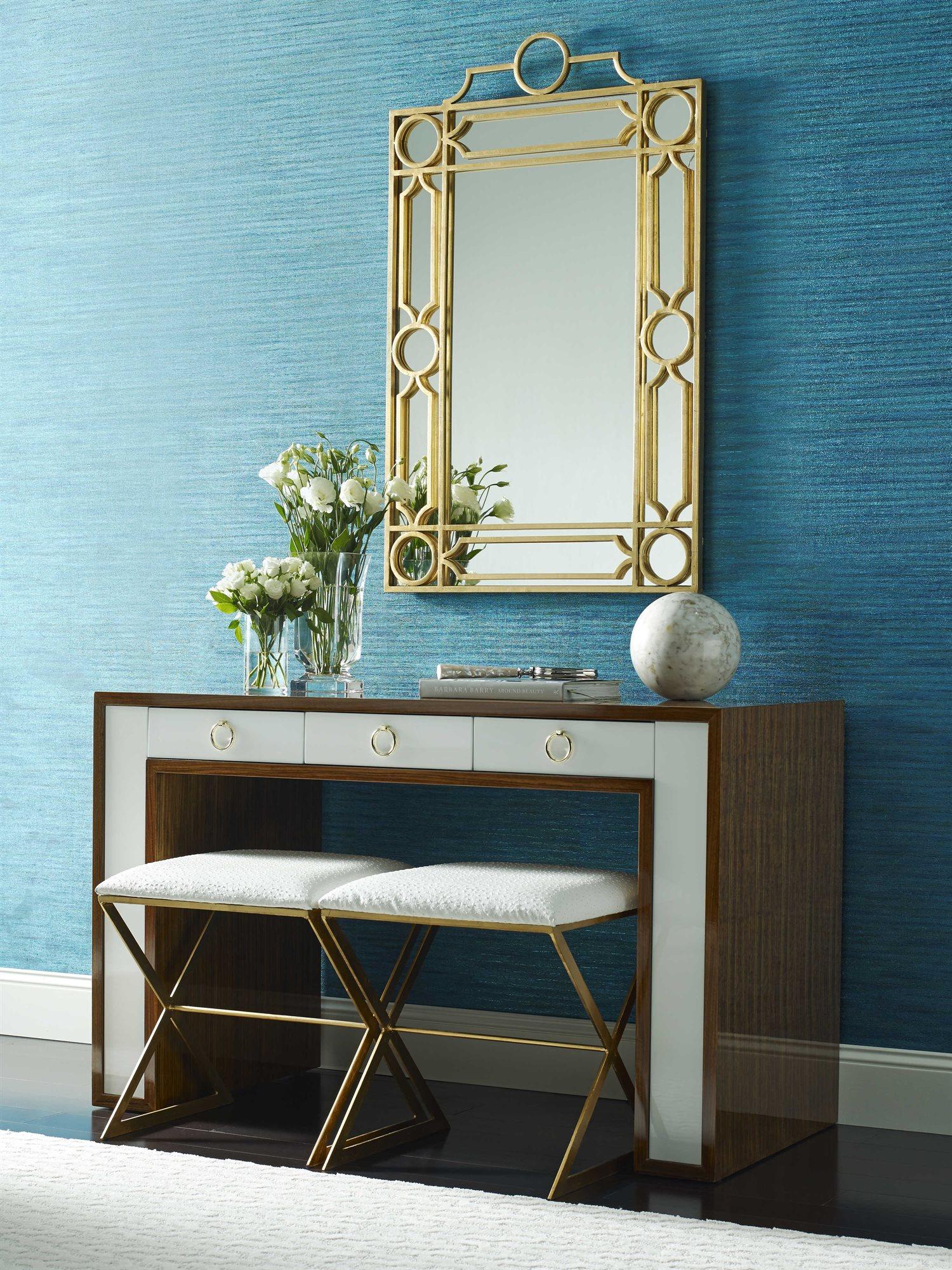 Worlds Away Gold Leather White Accent Stool