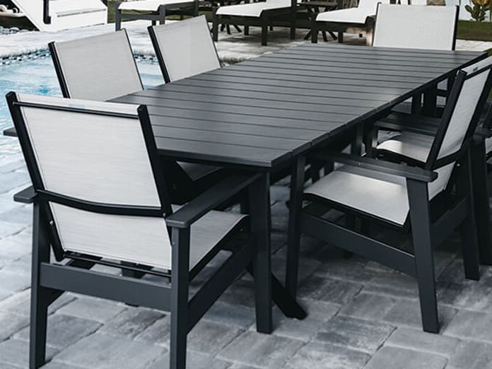 Windward Design Group Tahoe Plank Slat MGP Aluminum Rectangular Outdoor Dining Table with Umbrella Hole