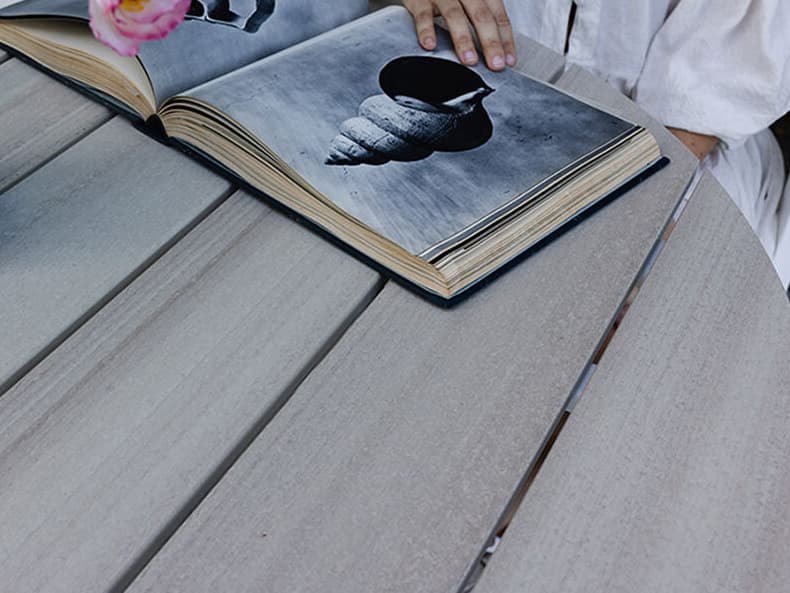 Windward Design Group Tahoe Plank Recycled Polymer Round Outdoor Counter Table with Umbrella Hole