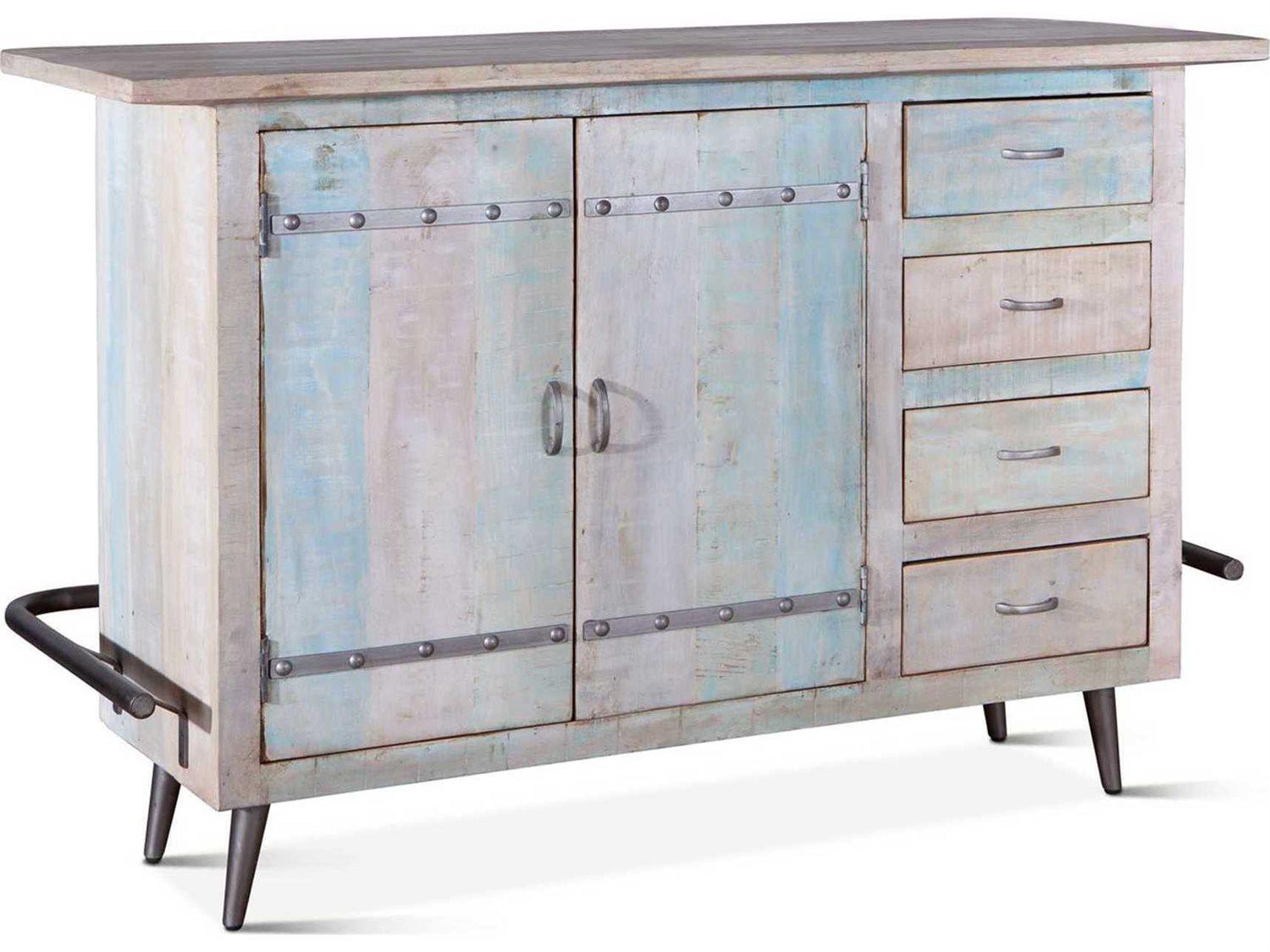 World Interiors Cordoba Blue Teak Wood Vintage Teal Bar Cabinet