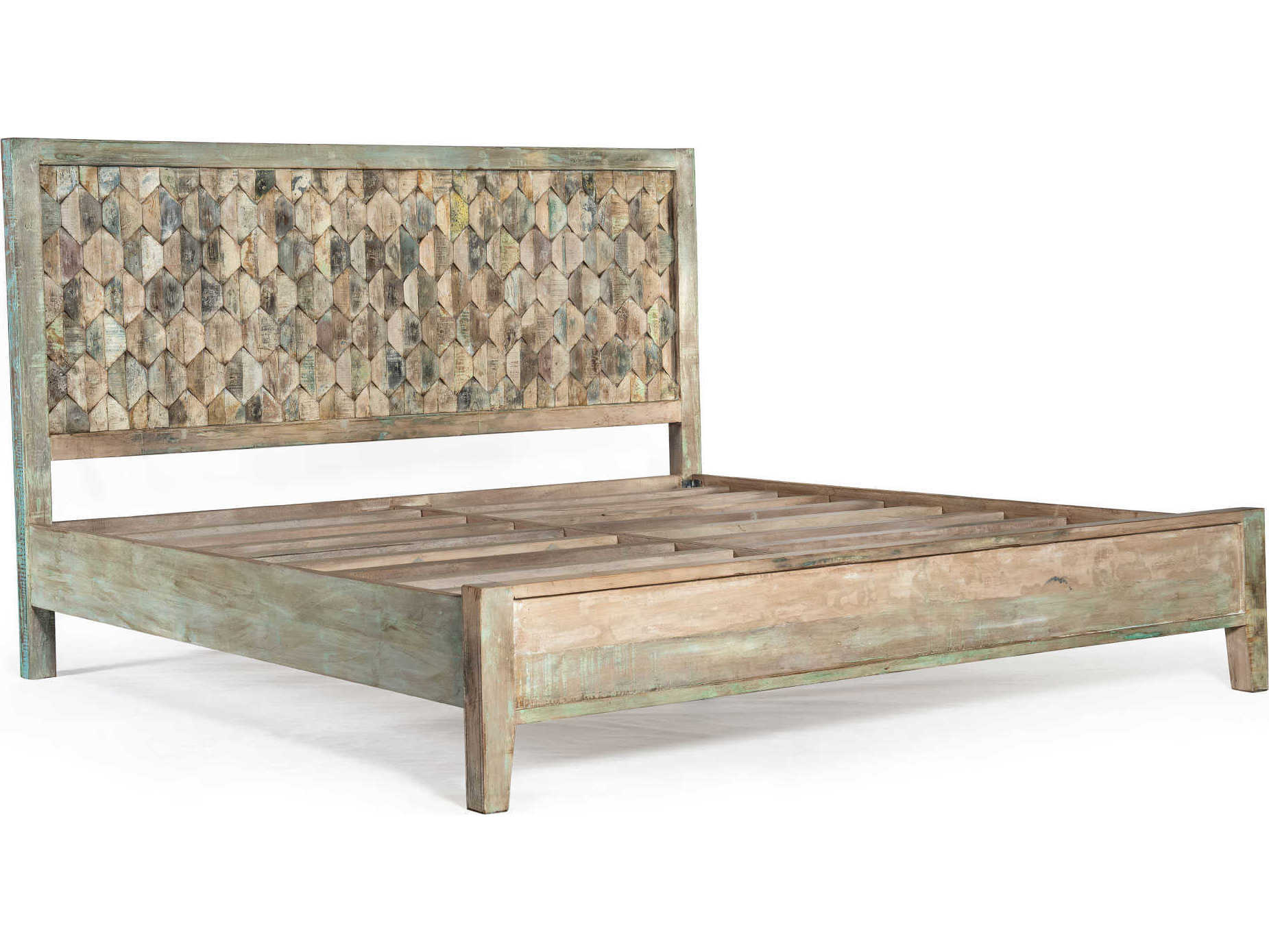 World Interiors Cordoba Vintage Teal Blue Teak Wood Queen Platform Bed