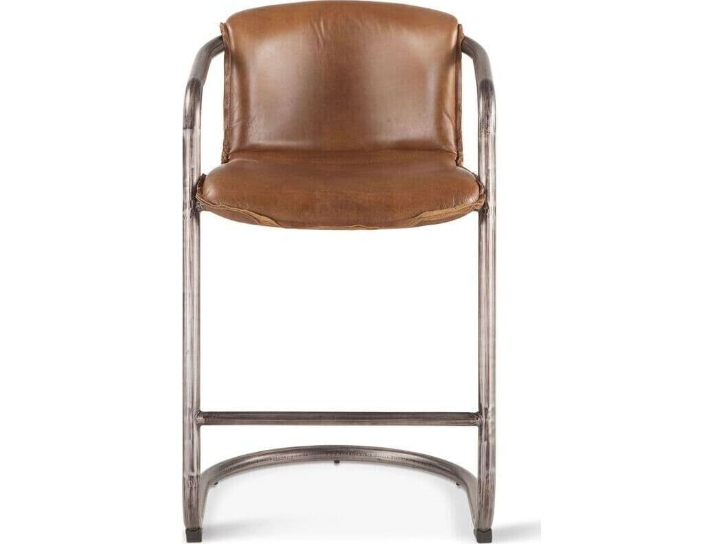 World Interiors Chiavari Distressed Brushed Gunmetal Brown Leather Counter Stool