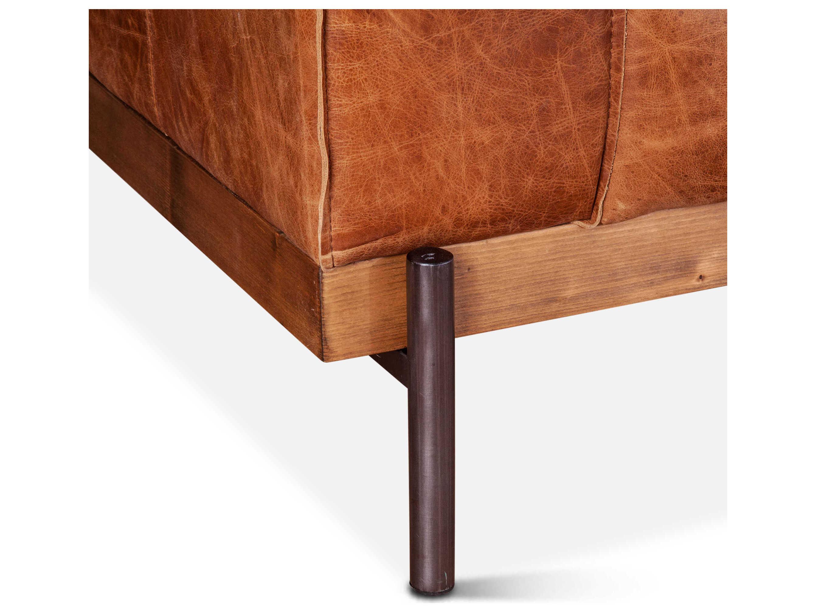 World Interiors Chiavari Cognac Antique Zinc Oak Brown Leather Sofa