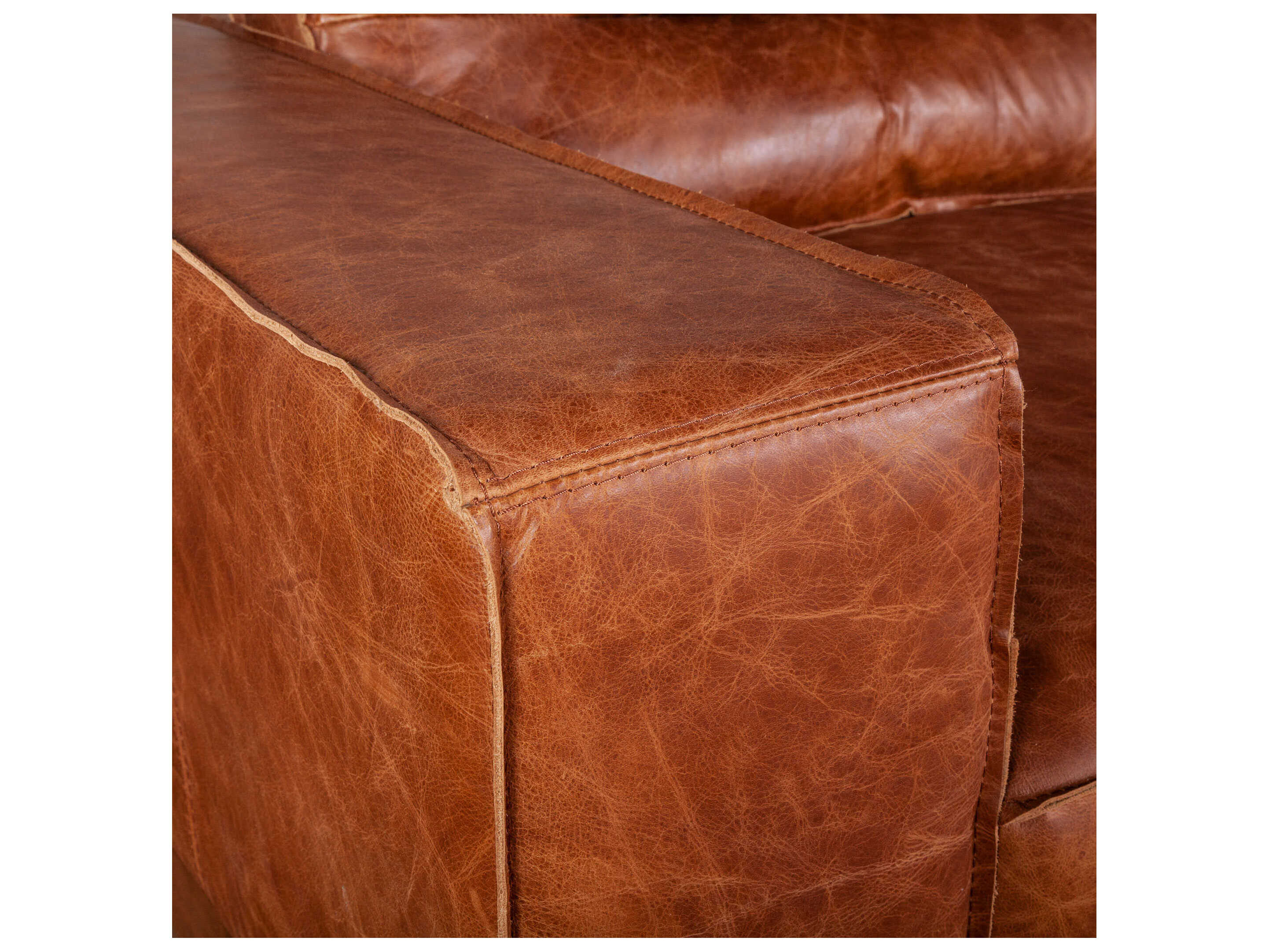 World Interiors Chiavari Cognac Antique Zinc Oak Brown Leather Sofa