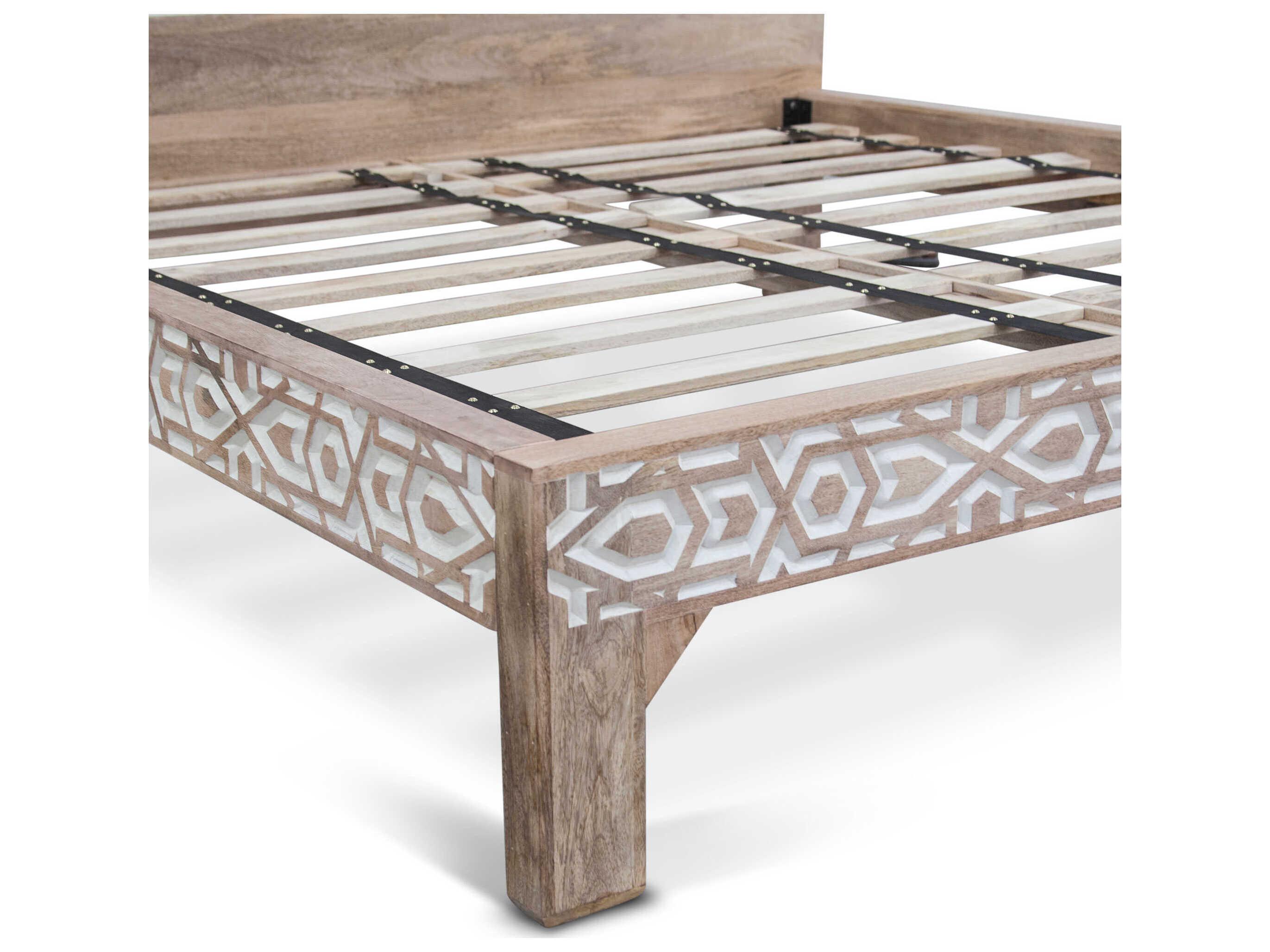 World Interiors Haveli White Brown Mango Wood Queen Platform Bed