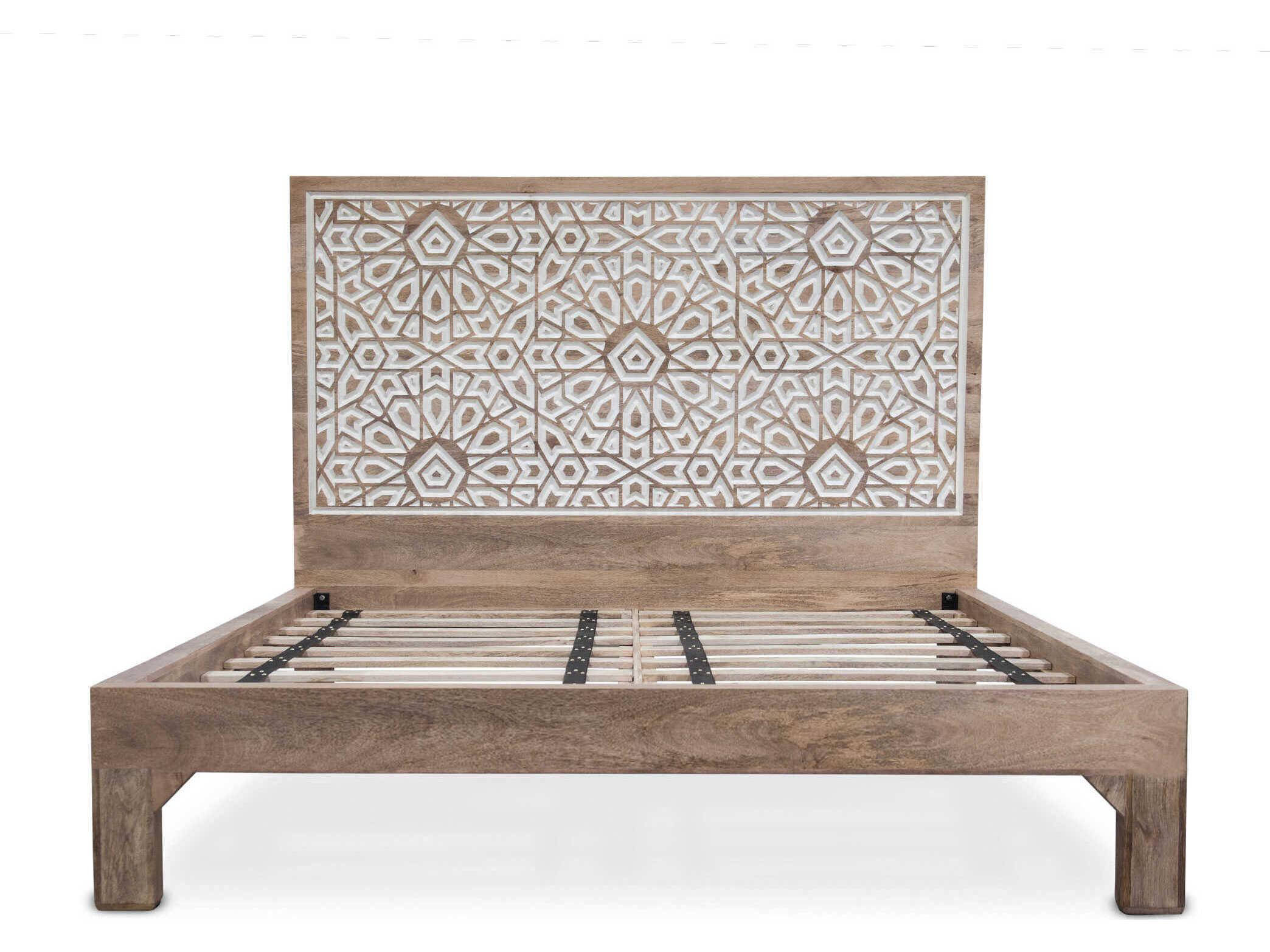 World Interiors Haveli White Brown Mango Wood Queen Platform Bed