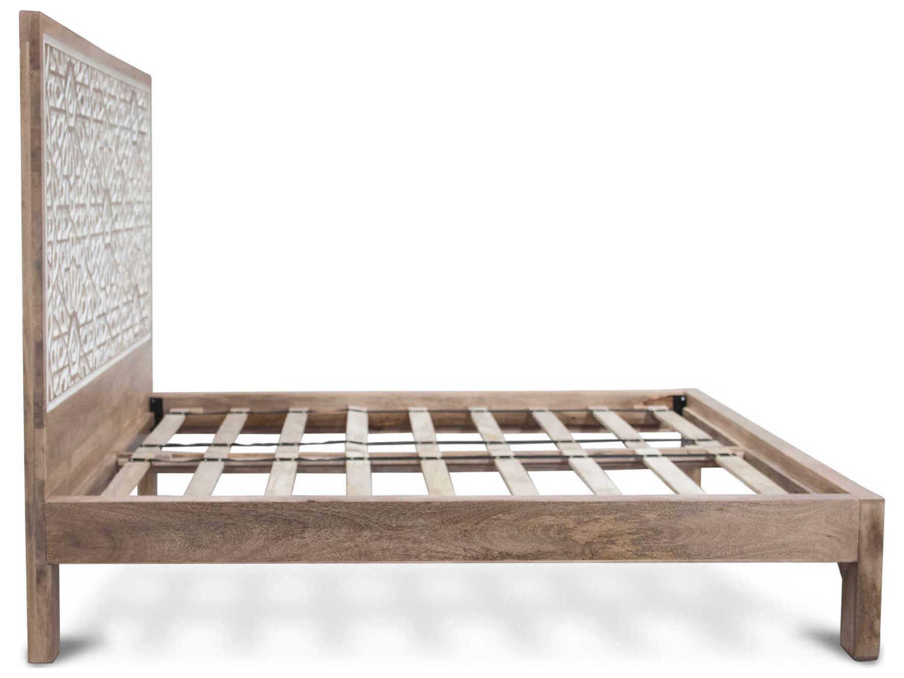 World Interiors Haveli White Brown Mango Wood Queen Platform Bed