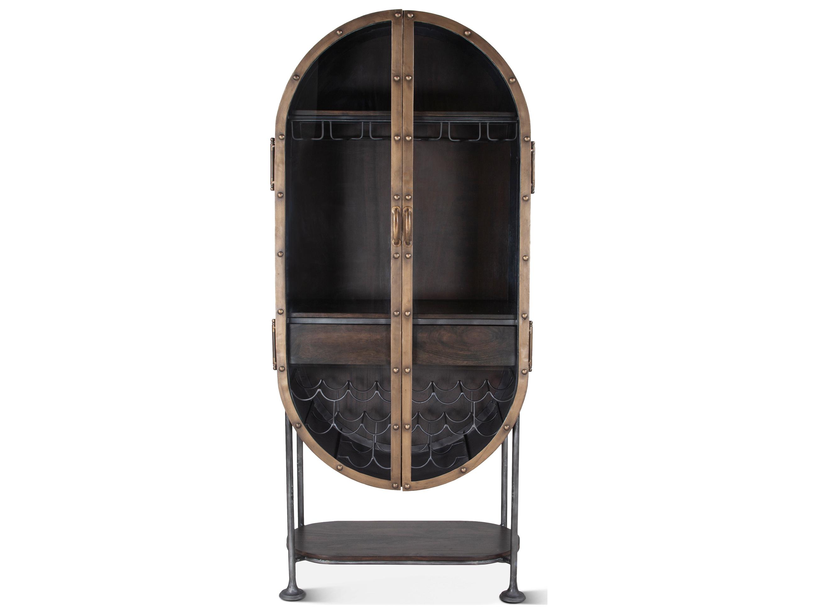 World Interiors Melbourne Acacia Wood Antique Silver Brushed Bronze Bar Cabinet