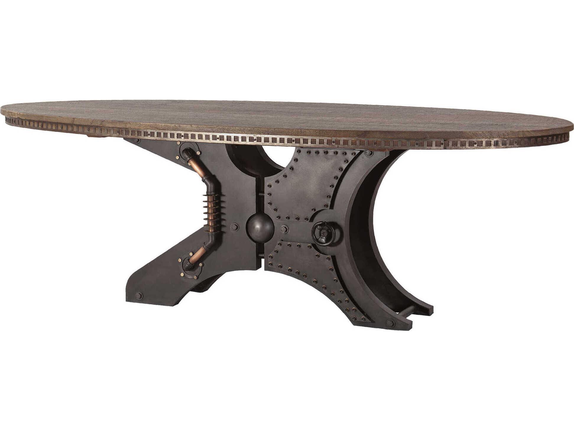 World Interiors Rustic Revival Oval Wood Natural Vintage Pewter Antique Bronze Dining Table