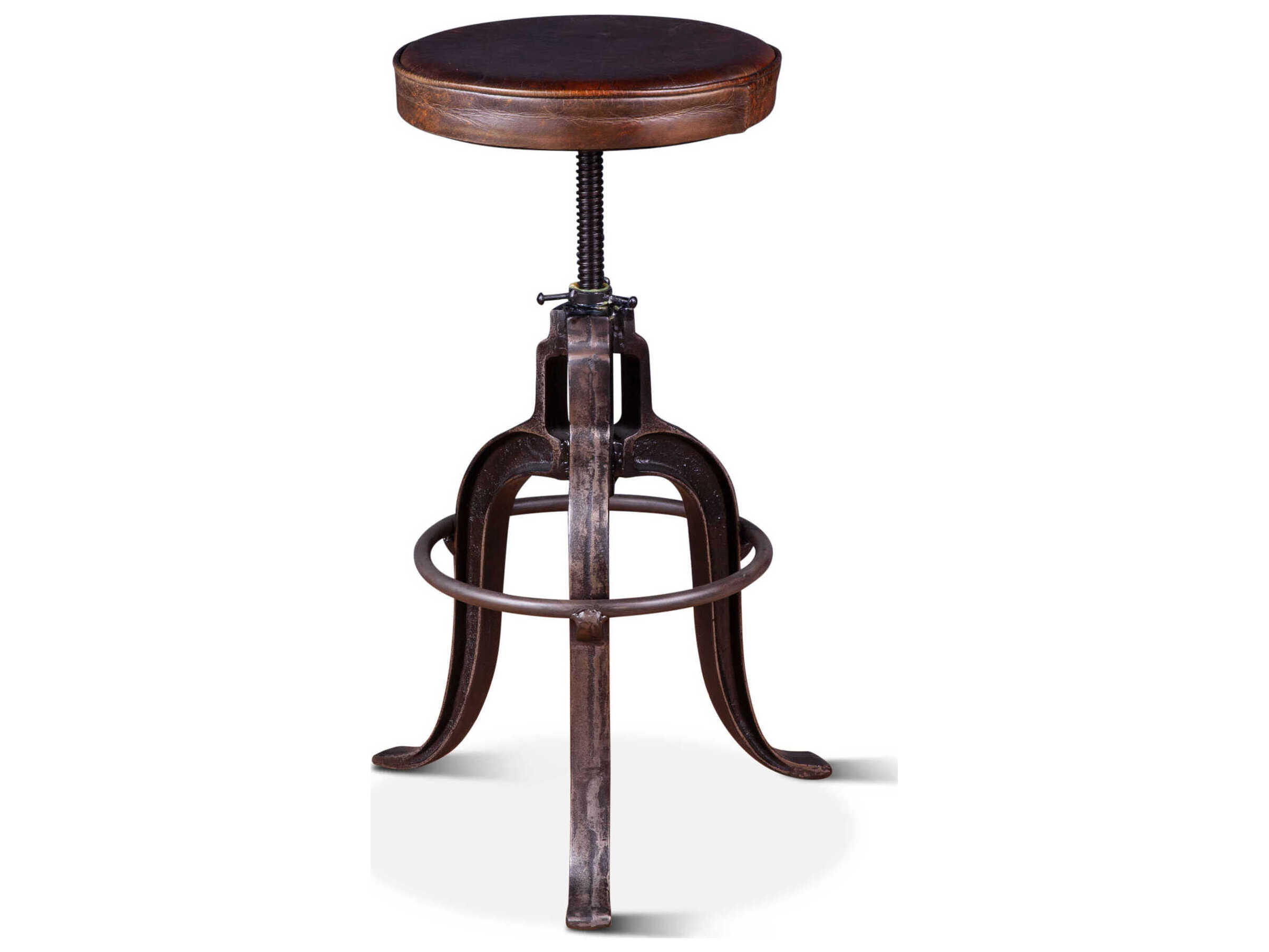 World Interiors Sterling Leather Adjustable Upholstered Bar Stool Counter Vintage Dark Brown Antique Bronze