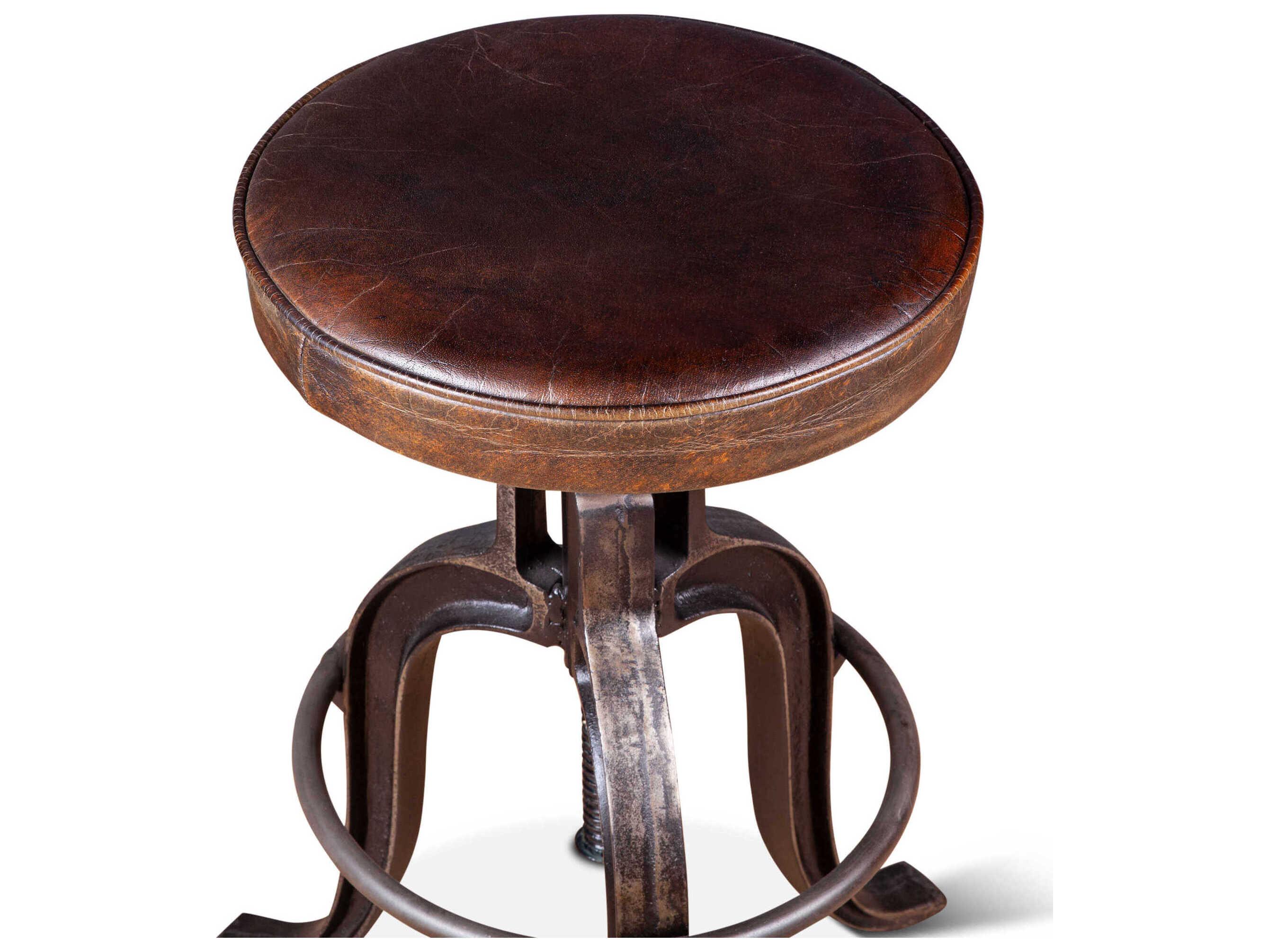 World Interiors Sterling Leather Adjustable Upholstered Bar Stool Counter Vintage Dark Brown Antique Bronze