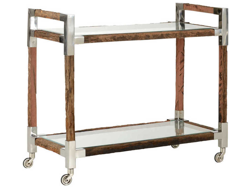 Wildwood Rustic Glass Brown Rough Wood Polished Nickel Bar Cart