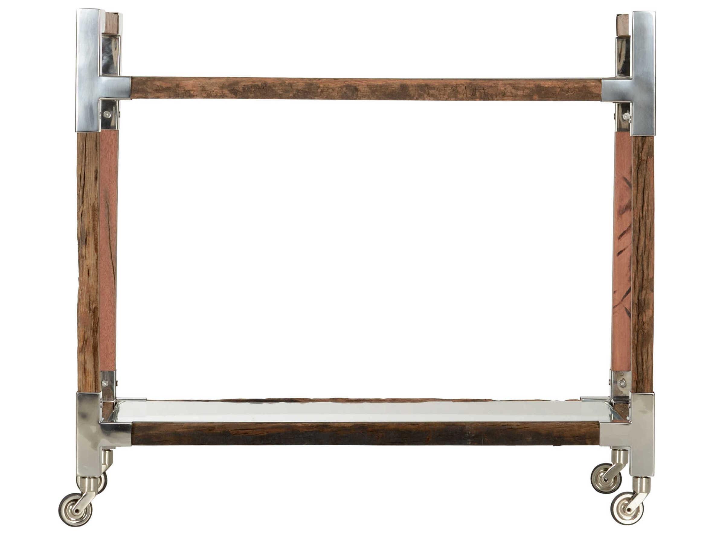 Wildwood Rustic Glass Brown Rough Wood Polished Nickel Bar Cart