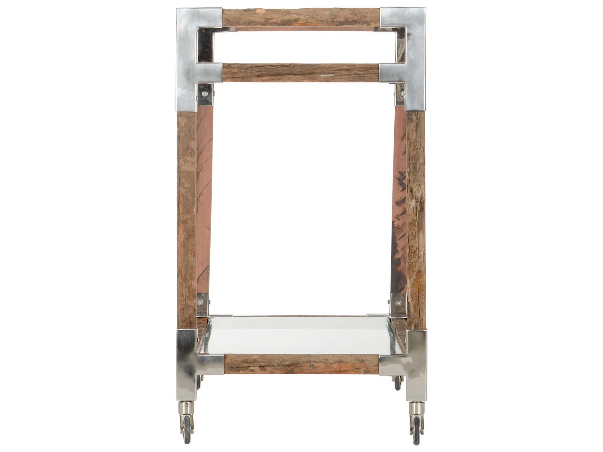 Wildwood Rustic Glass Brown Rough Wood Polished Nickel Bar Cart