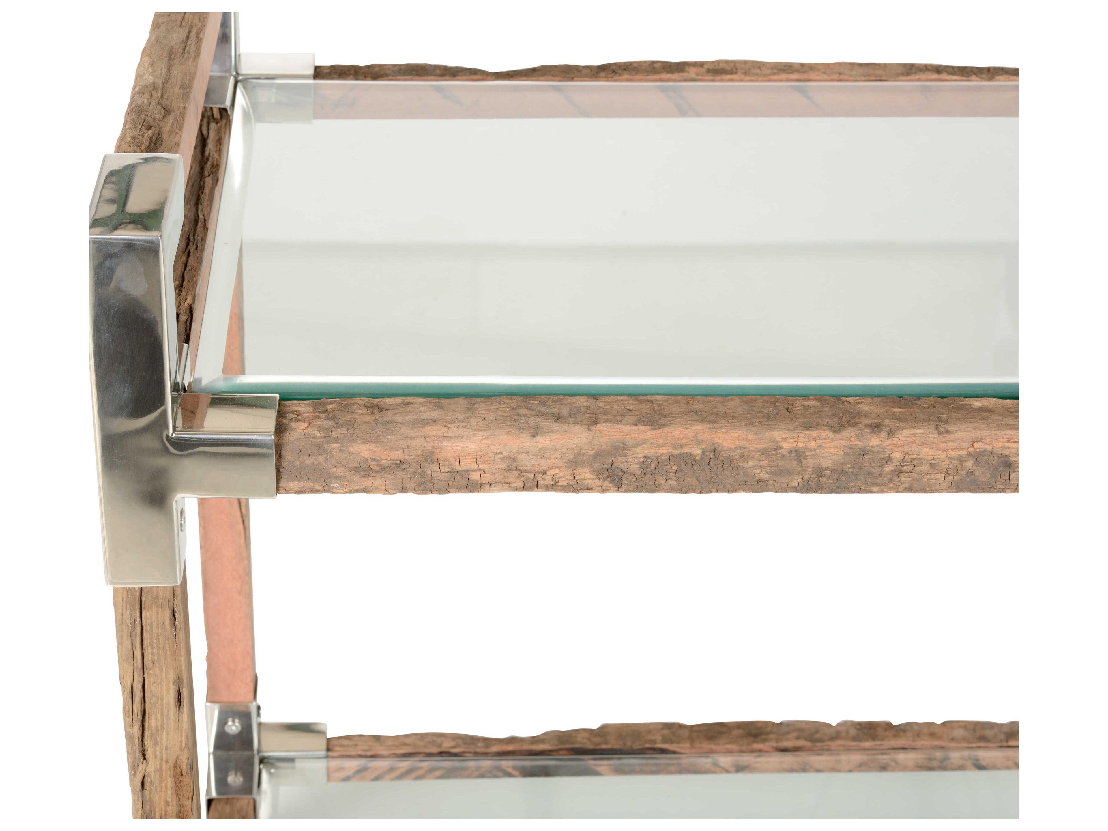 Wildwood Rustic Glass Brown Rough Wood Polished Nickel Bar Cart