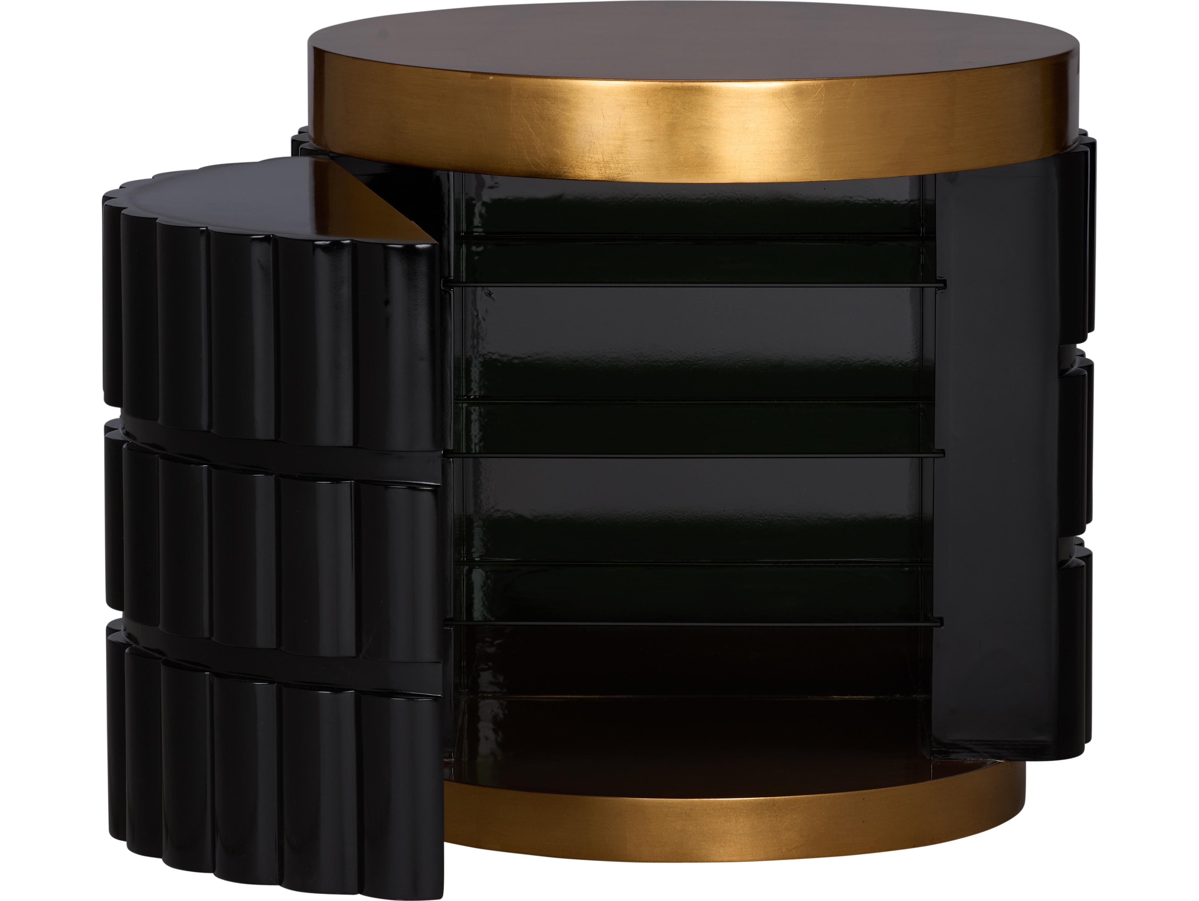 Wildwood Round Wood Black Gold Leaf Clear End Table