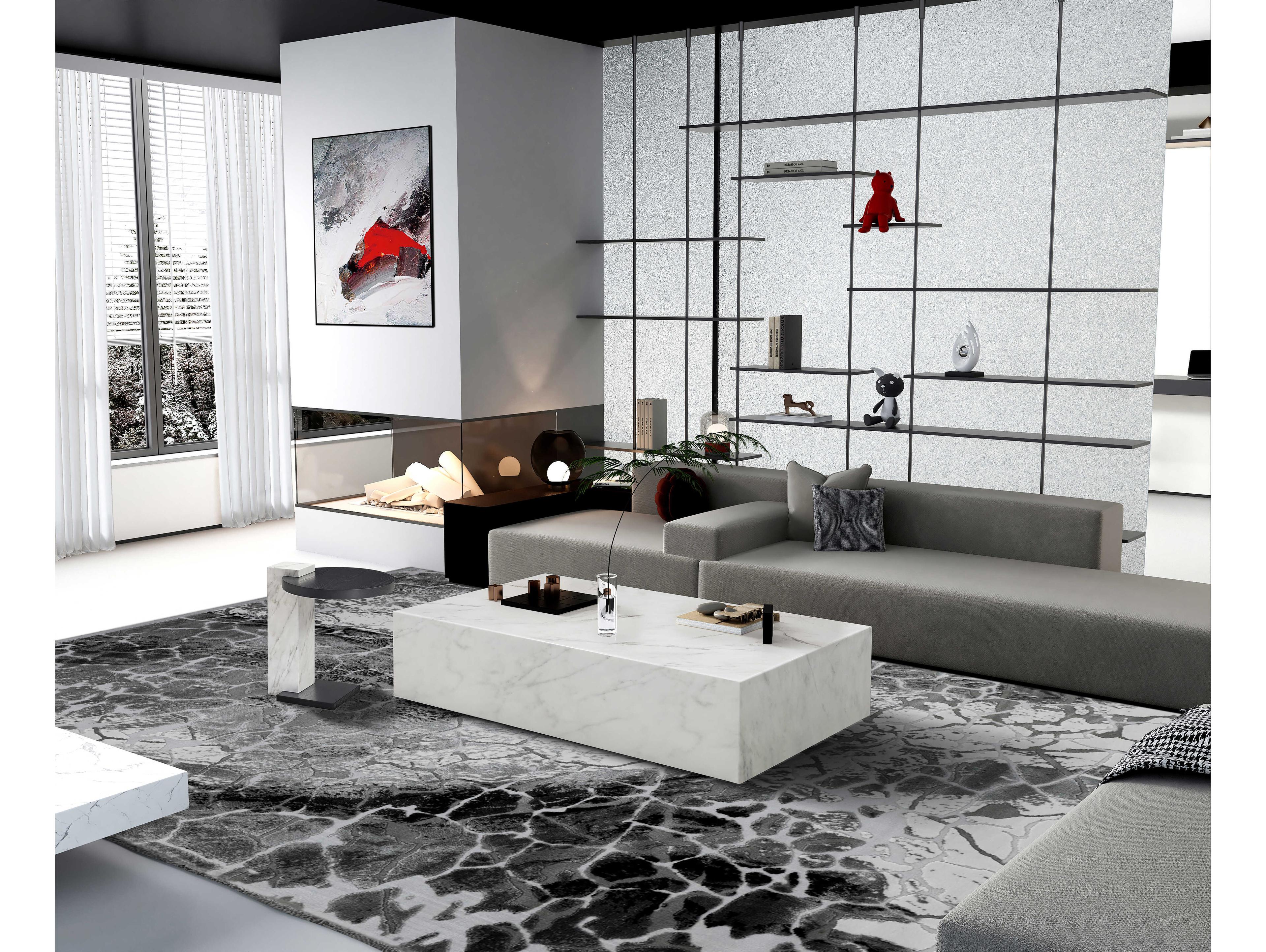 Whiteline Modern Living Cube Rectangular Marble White Coffee Table