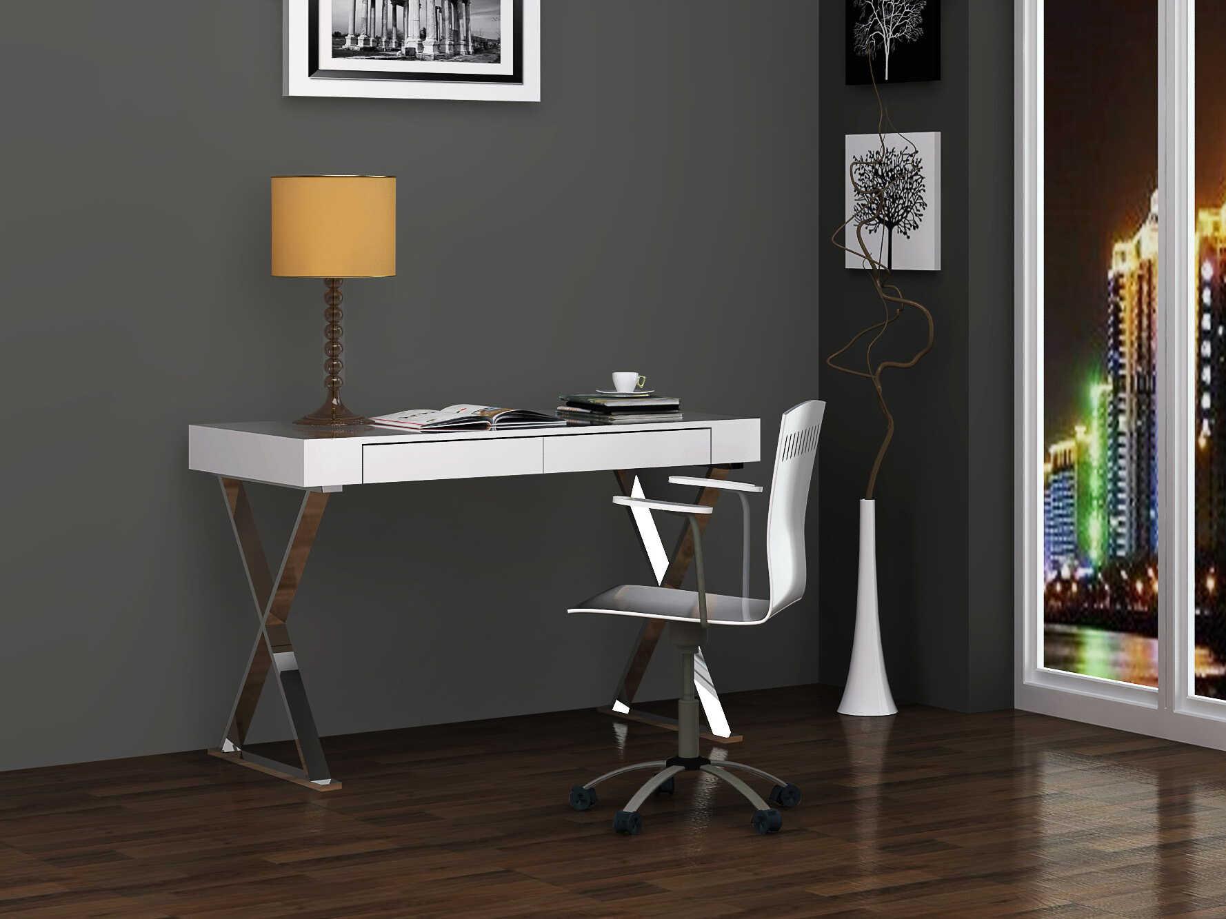 Whiteline Modern Living Elm White Polished Silver Writing Desk