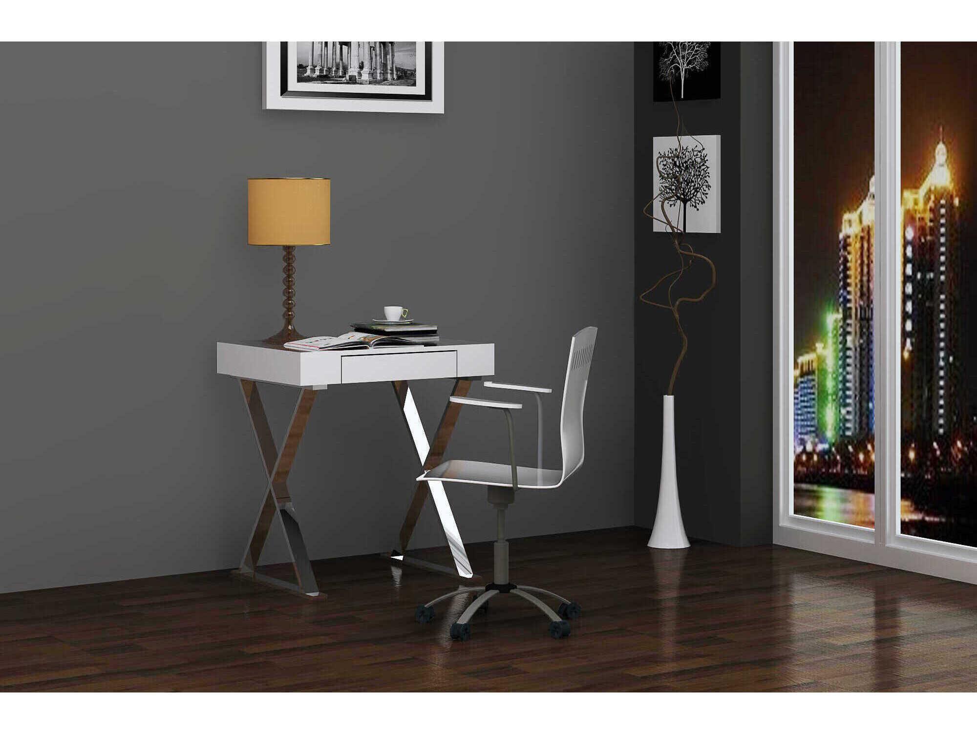 Whiteline Modern Living Elm White Polished Silver Writing Desk