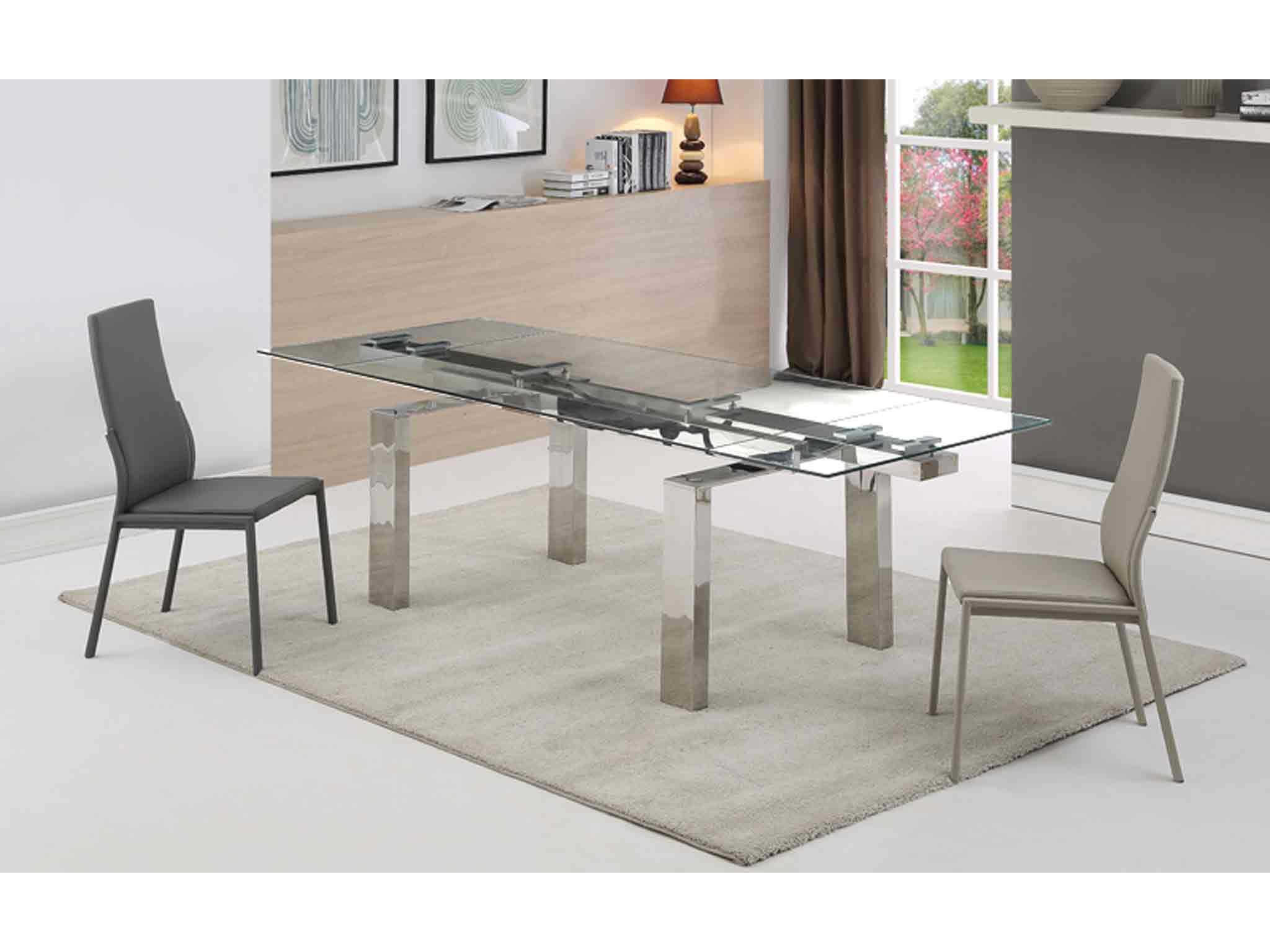 Whiteline Modern Living Cuatro Rectangular Glass Silver Dining Table