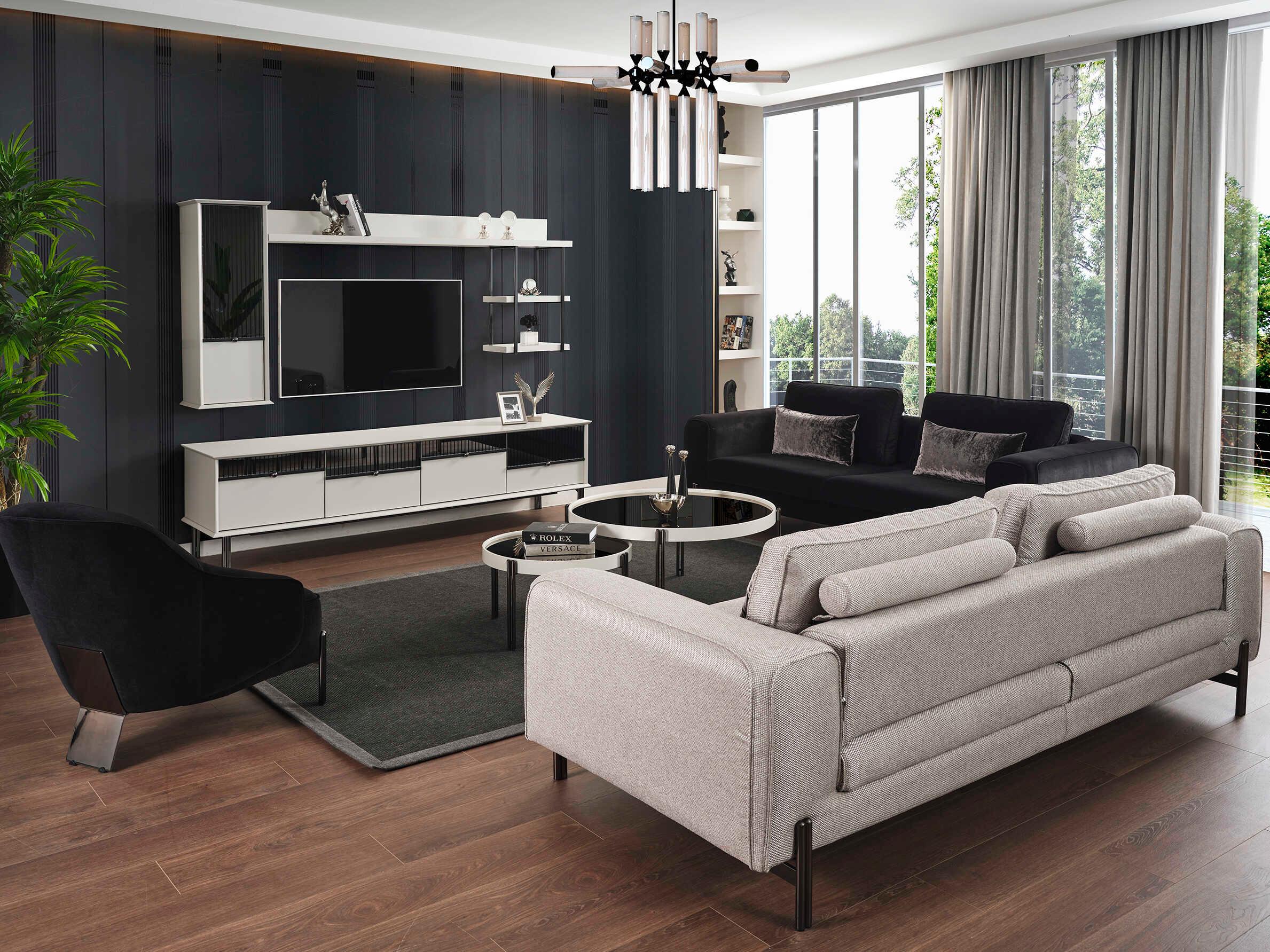 Whiteline Modern Living Vision Black Nickel Silver Upholstered Sofa