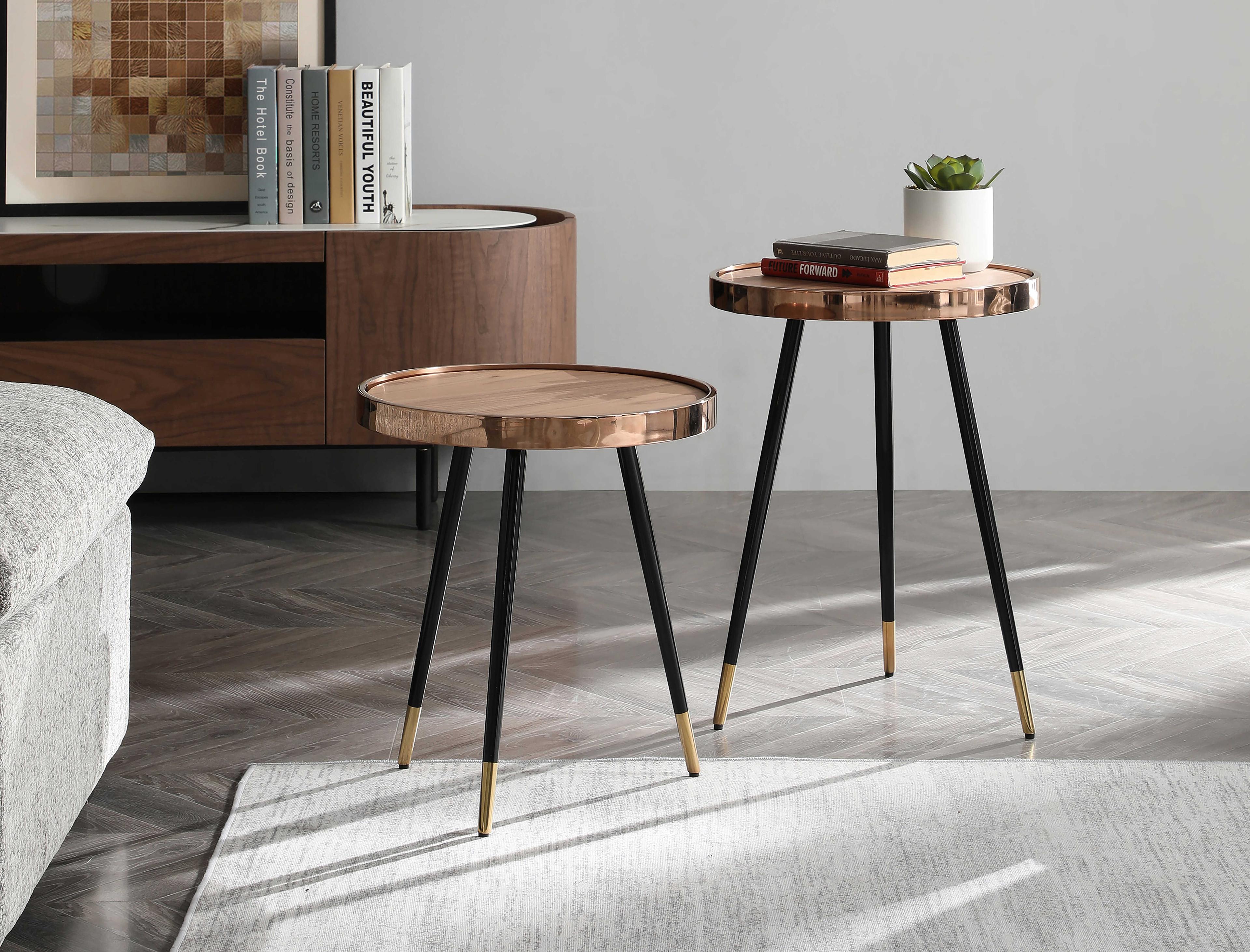 Whiteline Modern Living Meli Round Wood Brown Rose Gold Black End Table