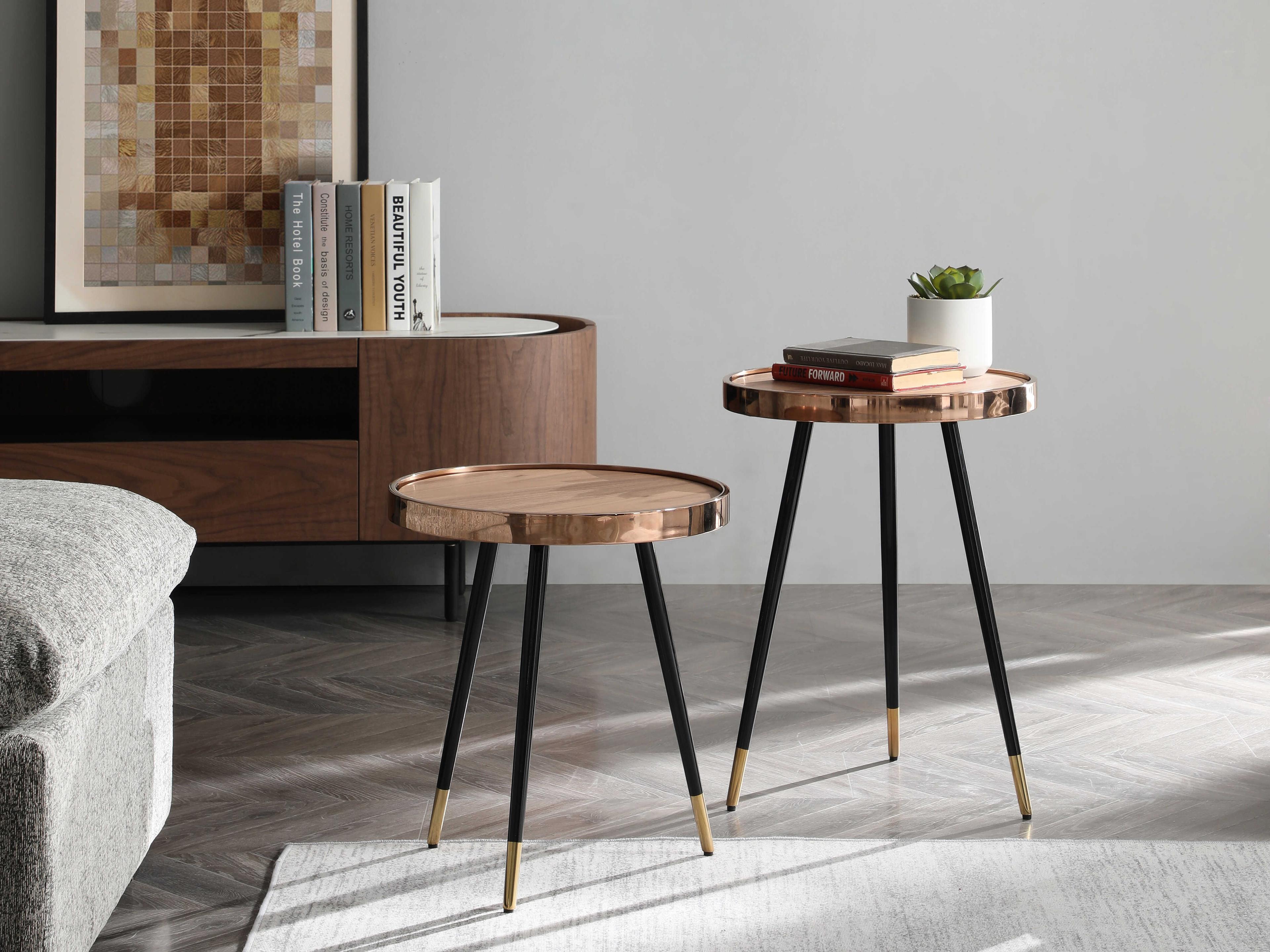 Whiteline Modern Living Meli Round Wood Brown Rose Gold Black End Table