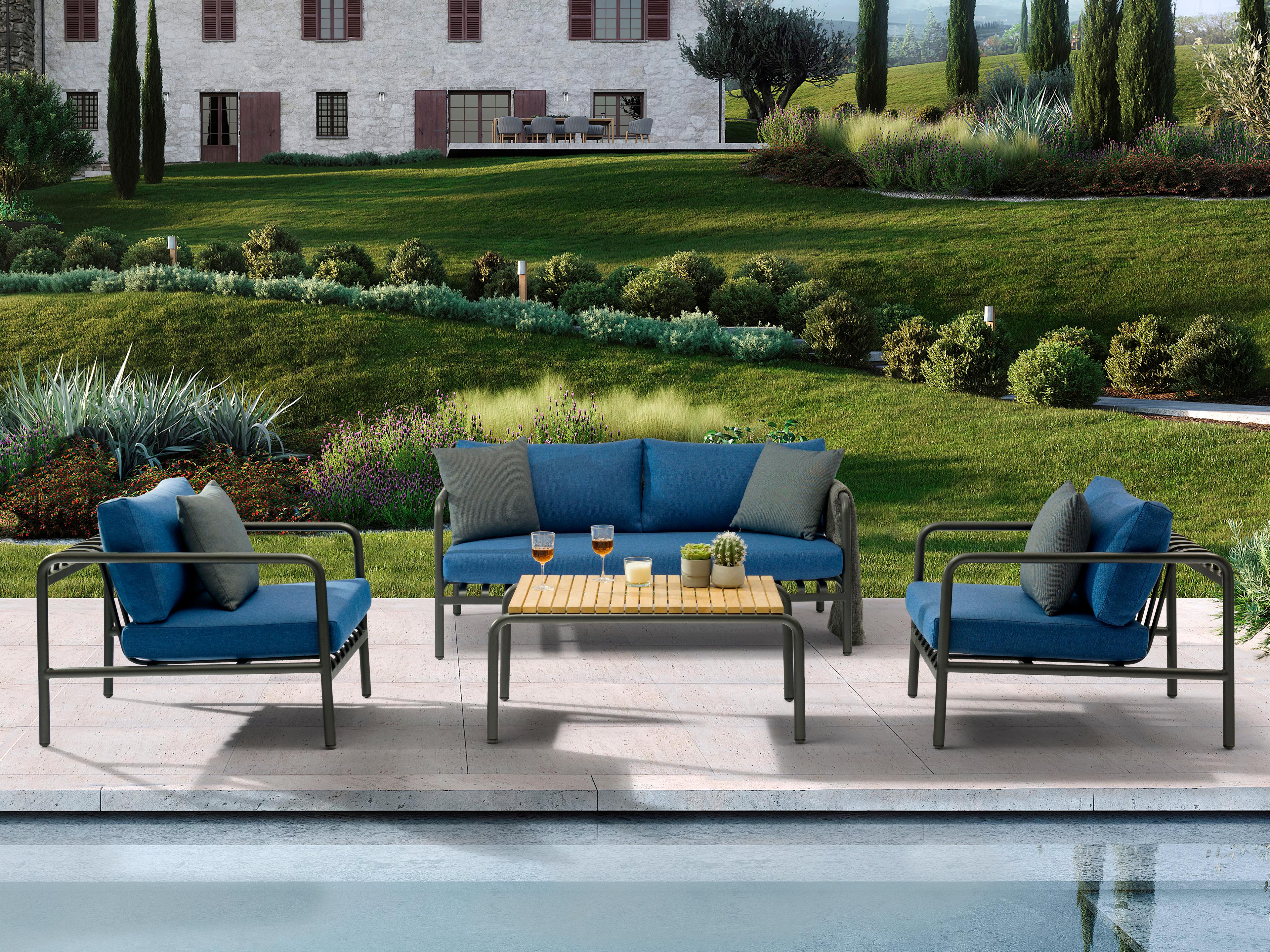 Whiteline Modern Living Outdoor Andrea Blue Aluminum Cushion Lounge Set