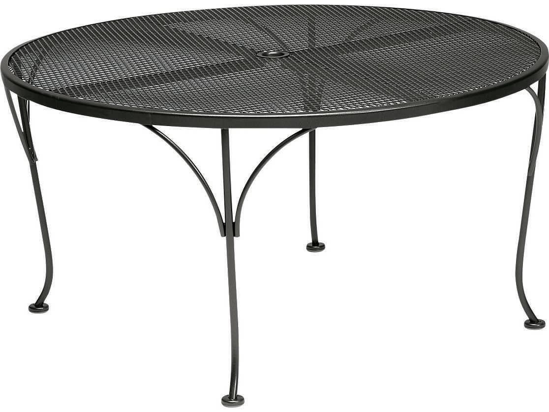 Woodard Wrought Iron Mesh Round Outdoor Patio Chat Table with Umbrella Hole