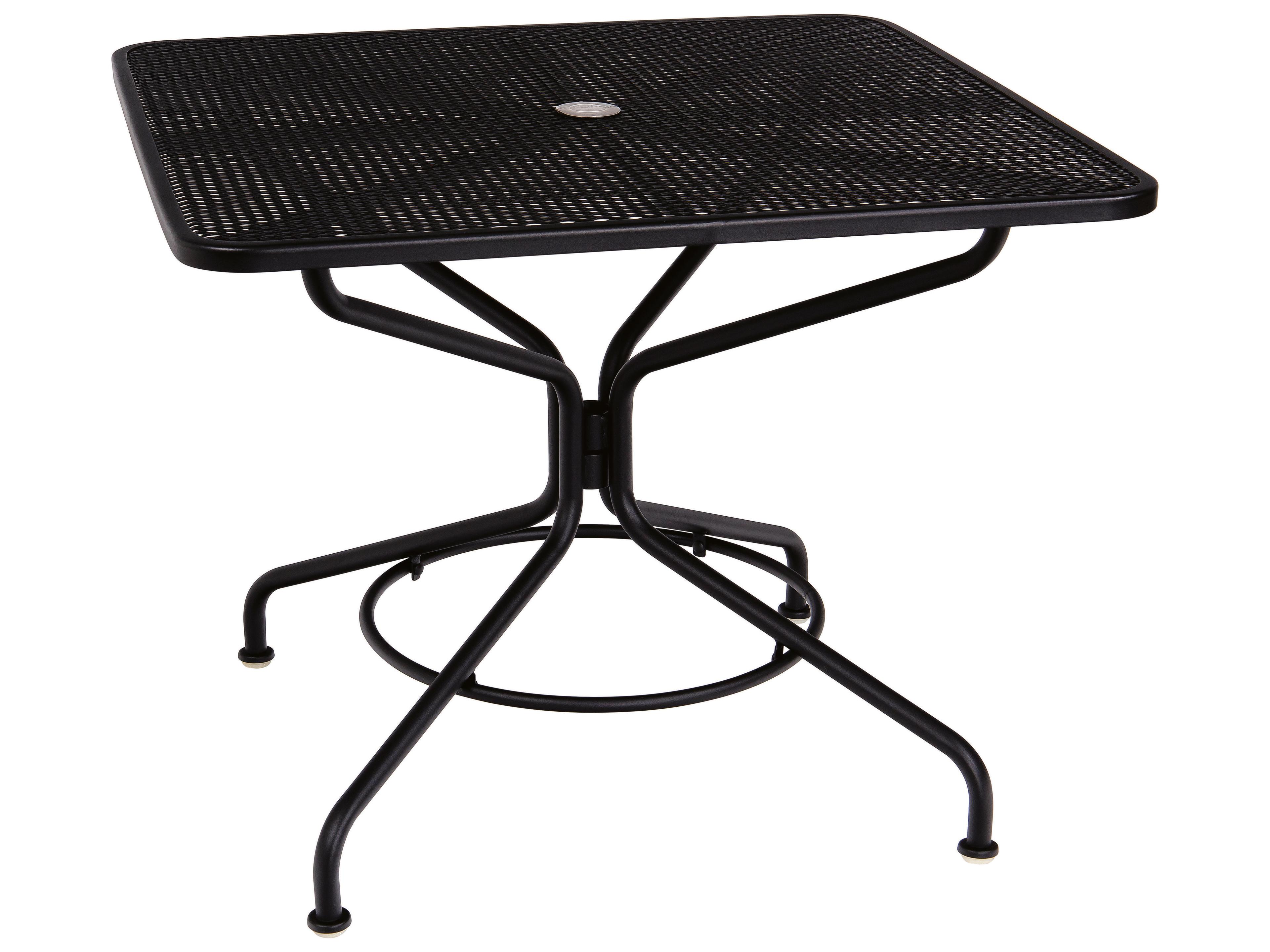 Woodard Mesh Wrought Iron Square Patio Dining Table with Umbrella Hole Textured Black