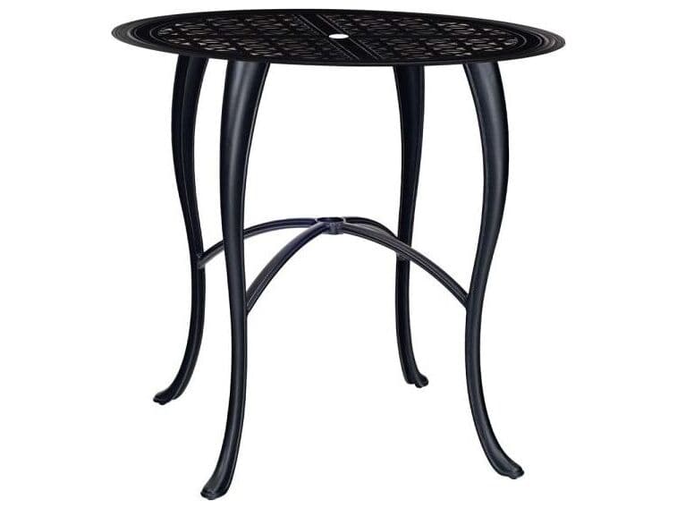 Woodard Hampton Cast Aluminum Round Outdoor Bar Height Table with Umbrella Hole in Cabriole Base