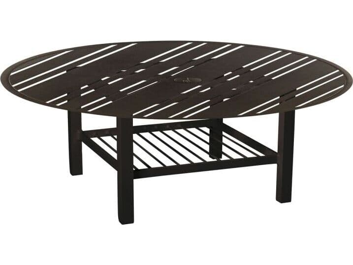 Woodard Tri-Slat Aluminum Round Outdoor Coffee Table with Umbrella Hole in Elite Base