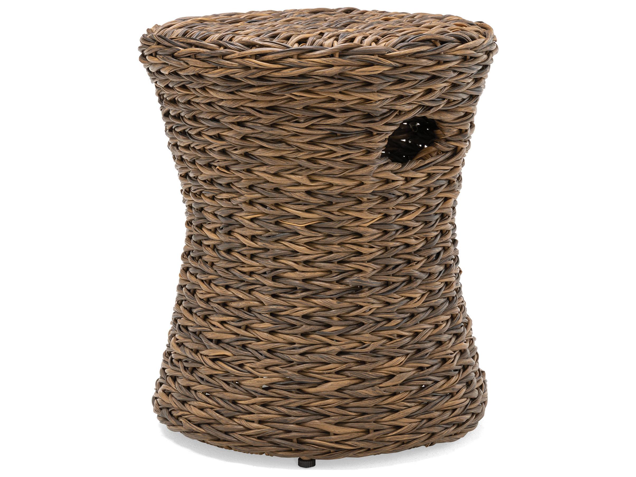 Winston Quick Ship Cayman Wicker Aluminum Heritage Brown Round Drum Stool / Outdoor Patio Side Table