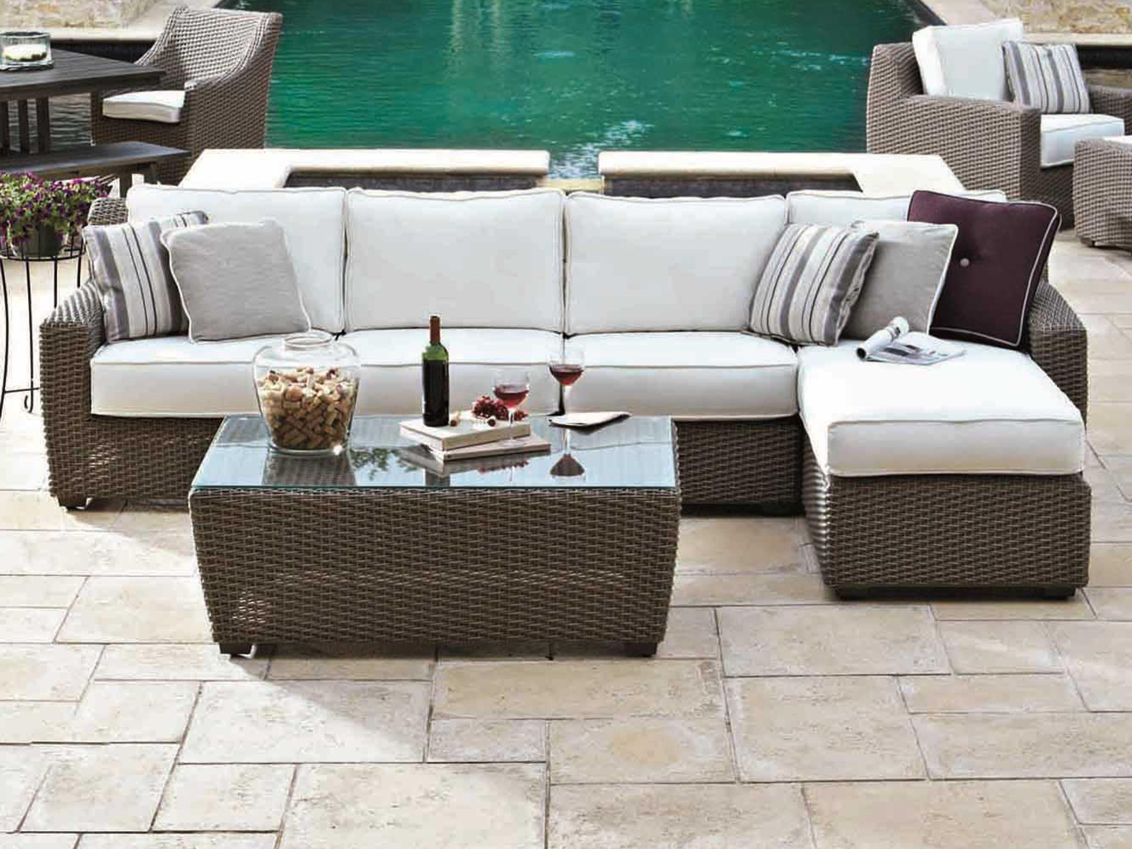 Woodard Whitecraft Augusta Wicker Aged Teak Sectional Outdoor Patio Lounge Set