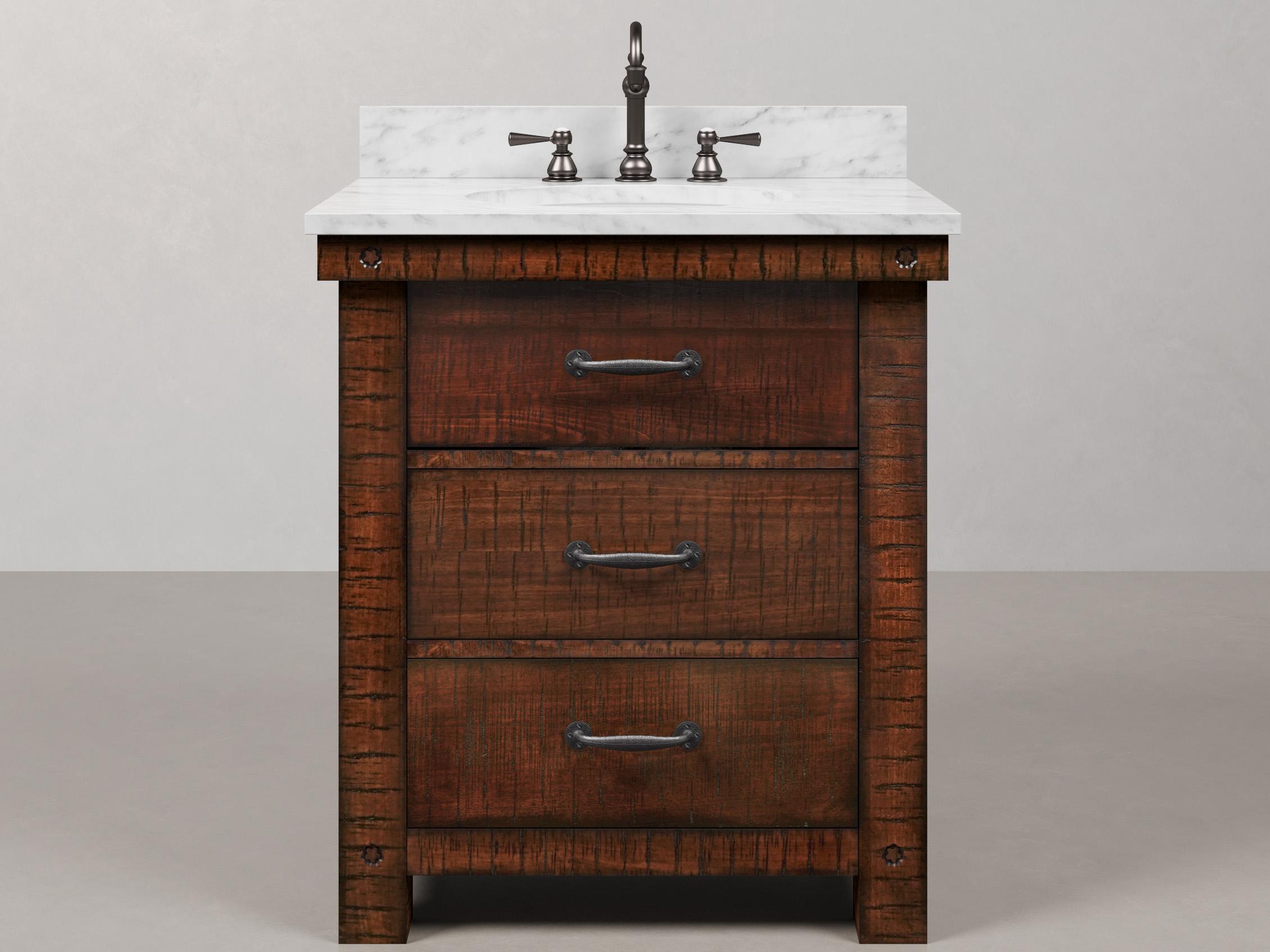 Water Creation Aberdeen Single Sink Carrara White Marble Countertop Bath Vanity in Rustic Sienna with Oil Rubbed Bronze Hook Faucet
