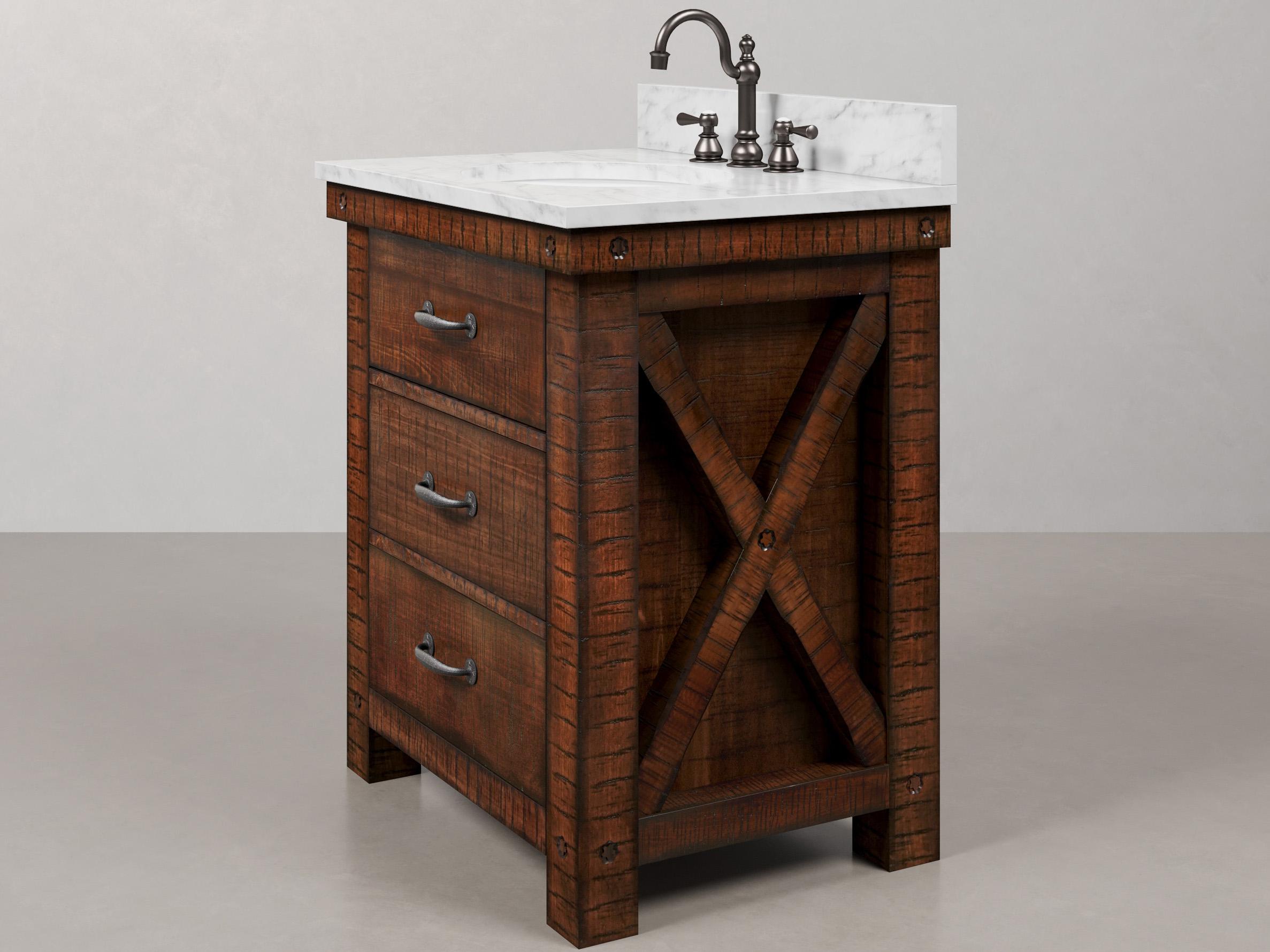 Water Creation Aberdeen Single Sink Carrara White Marble Countertop Bath Vanity in Rustic Sienna with Oil Rubbed Bronze Hook Faucet