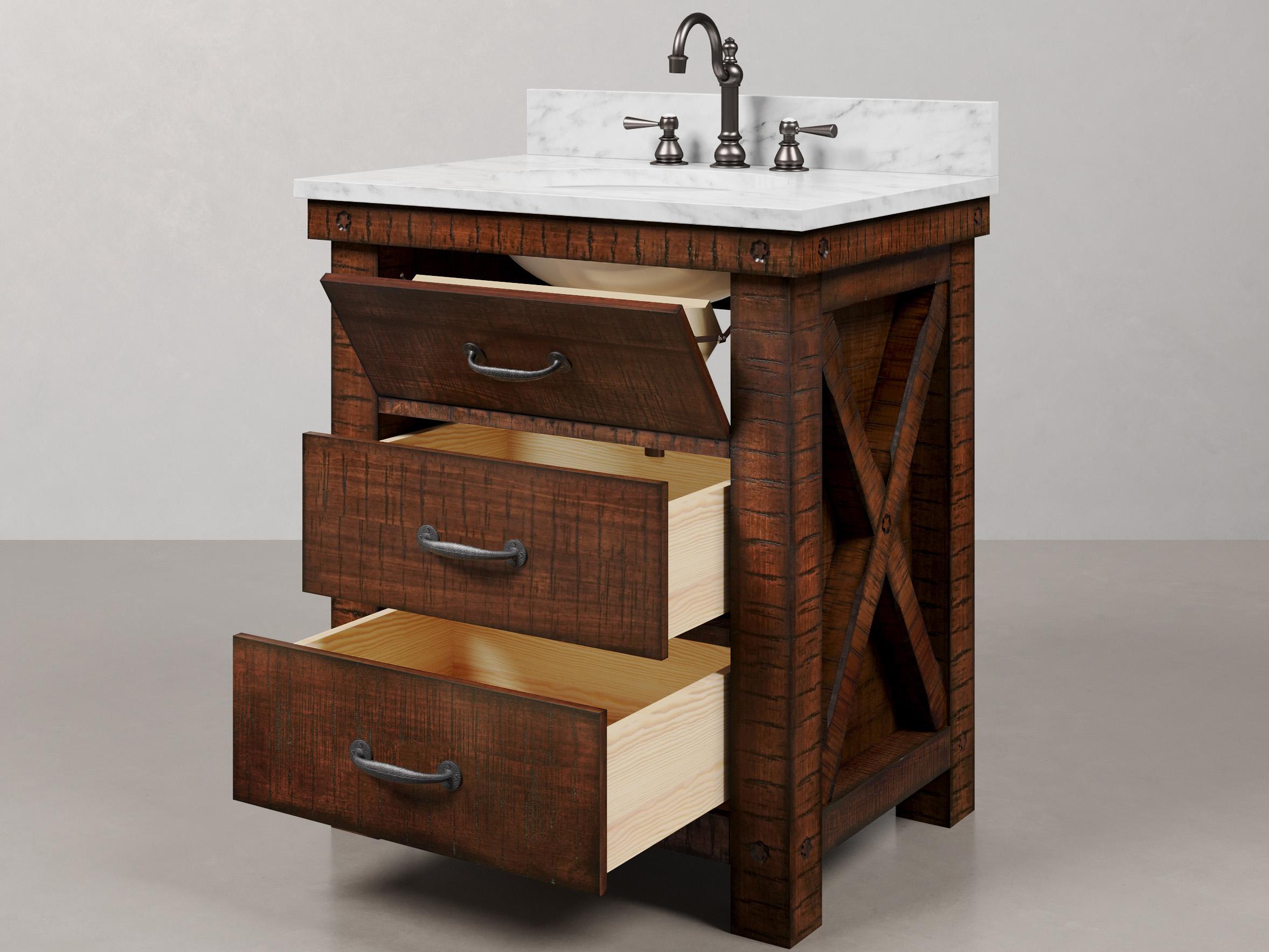 Water Creation Aberdeen Single Sink Carrara White Marble Countertop Bath Vanity in Rustic Sienna with Oil Rubbed Bronze Hook Faucet