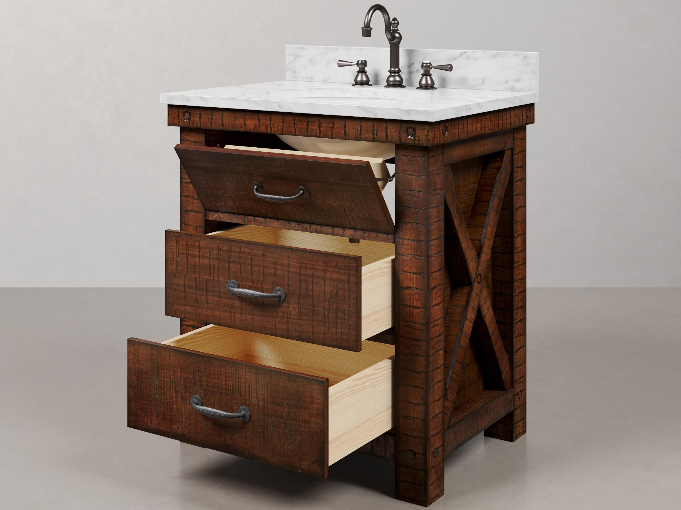 Water Creation Aberdeen Single Sink Carrara White Marble Countertop Bath Vanity in Rustic Sienna with Oil Rubbed Bronze Hook Faucet and Rectangular Mirror (S)