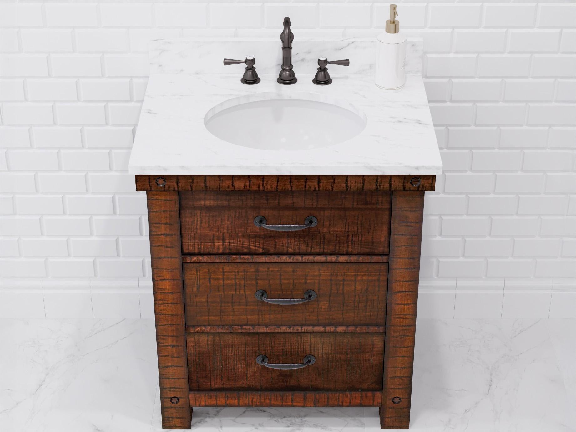 Water Creation Aberdeen Single Sink Carrara White Marble Countertop Bath Vanity in Rustic Sienna with Barn Door Style and Mirror