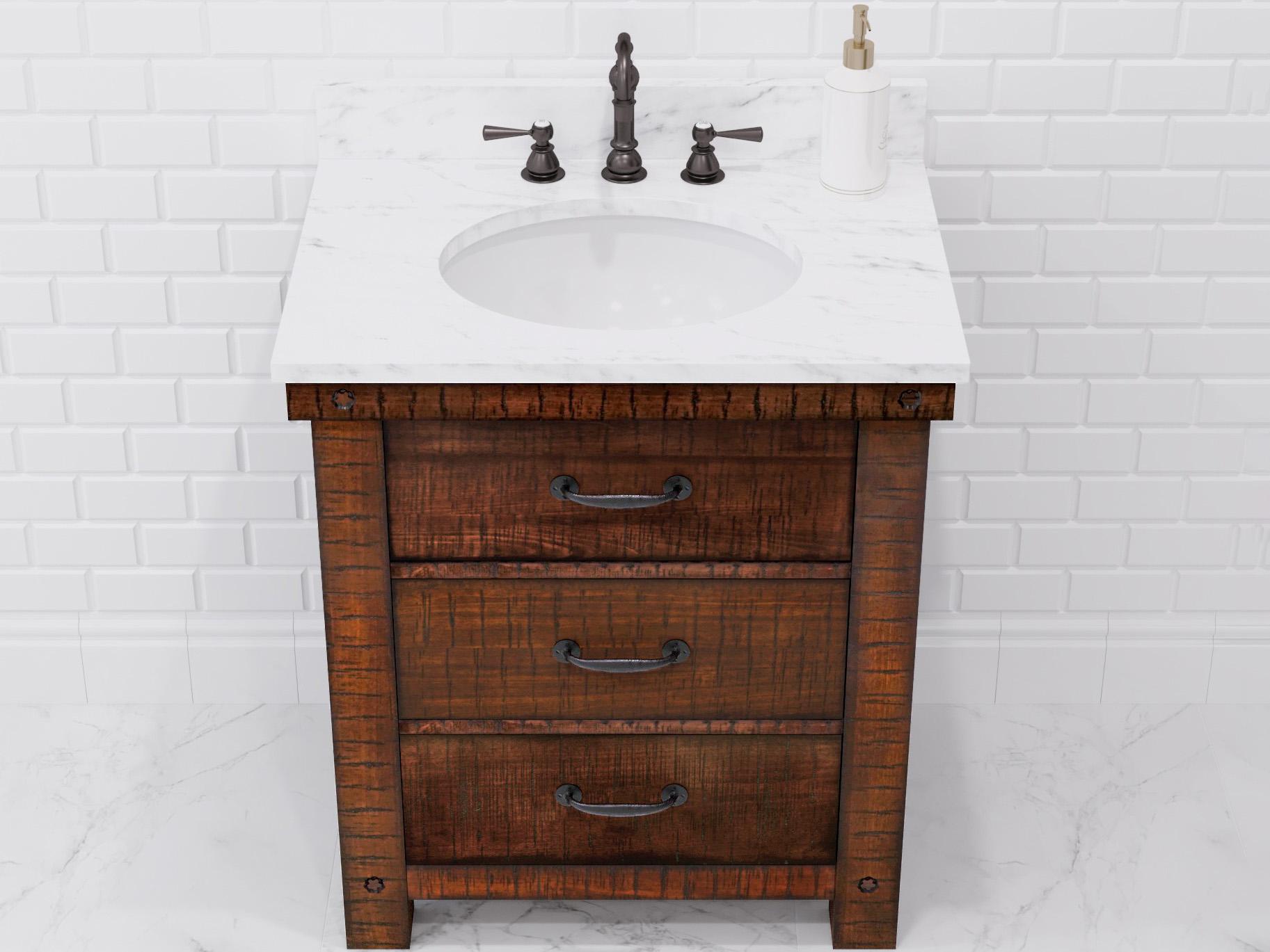 Water Creation Aberdeen Single Sink Carrara White Marble Countertop Bath Vanity in Rustic Sienna with Oil Rubbed Bronze Hook Faucet and Barn Door Style Mirror (S)