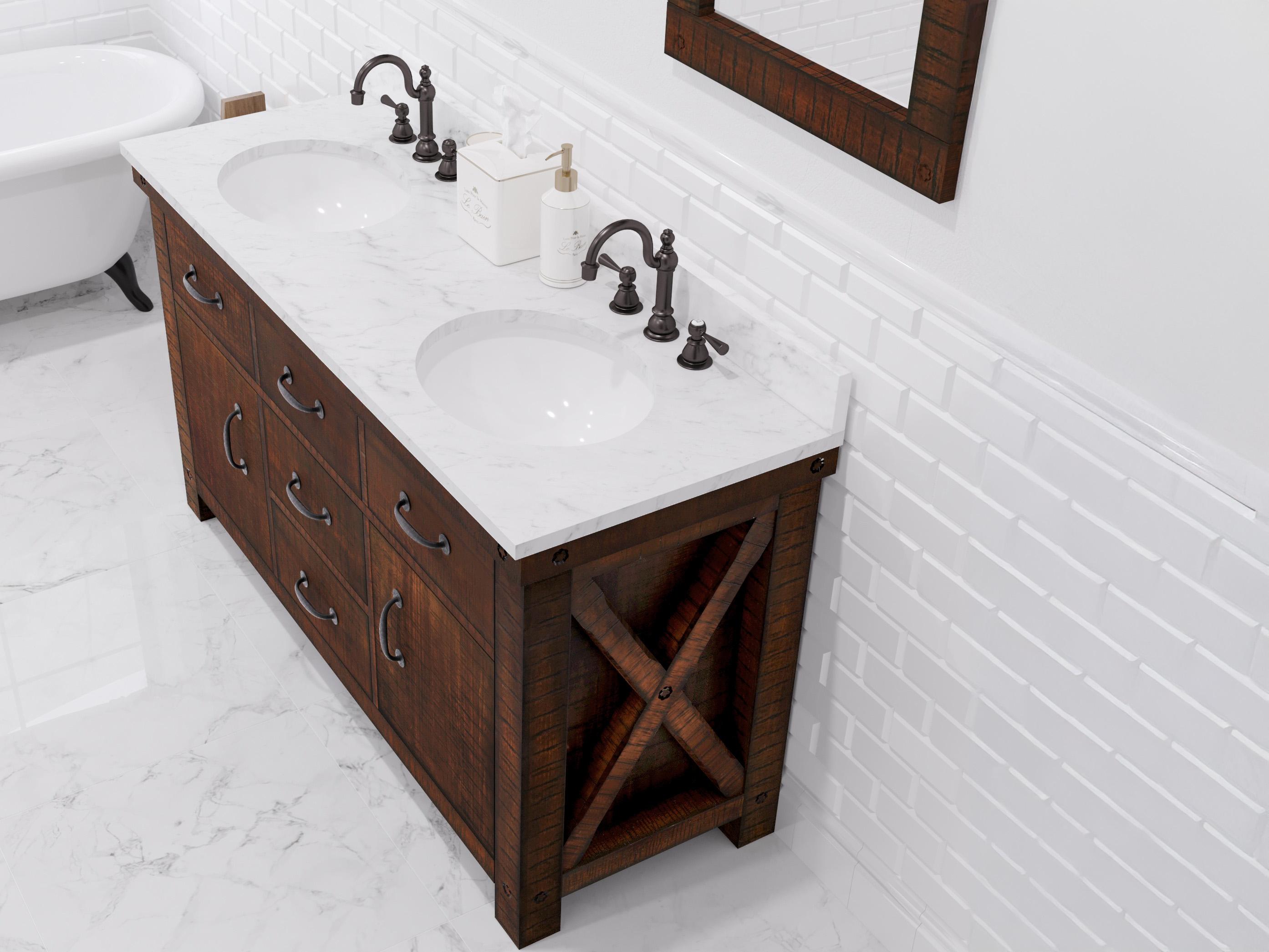 Water Creation Aberdeen White Marble Countertop Bath Vanity in Rustic Sienna with Oil Rubbed Bronze Hook Faucets
