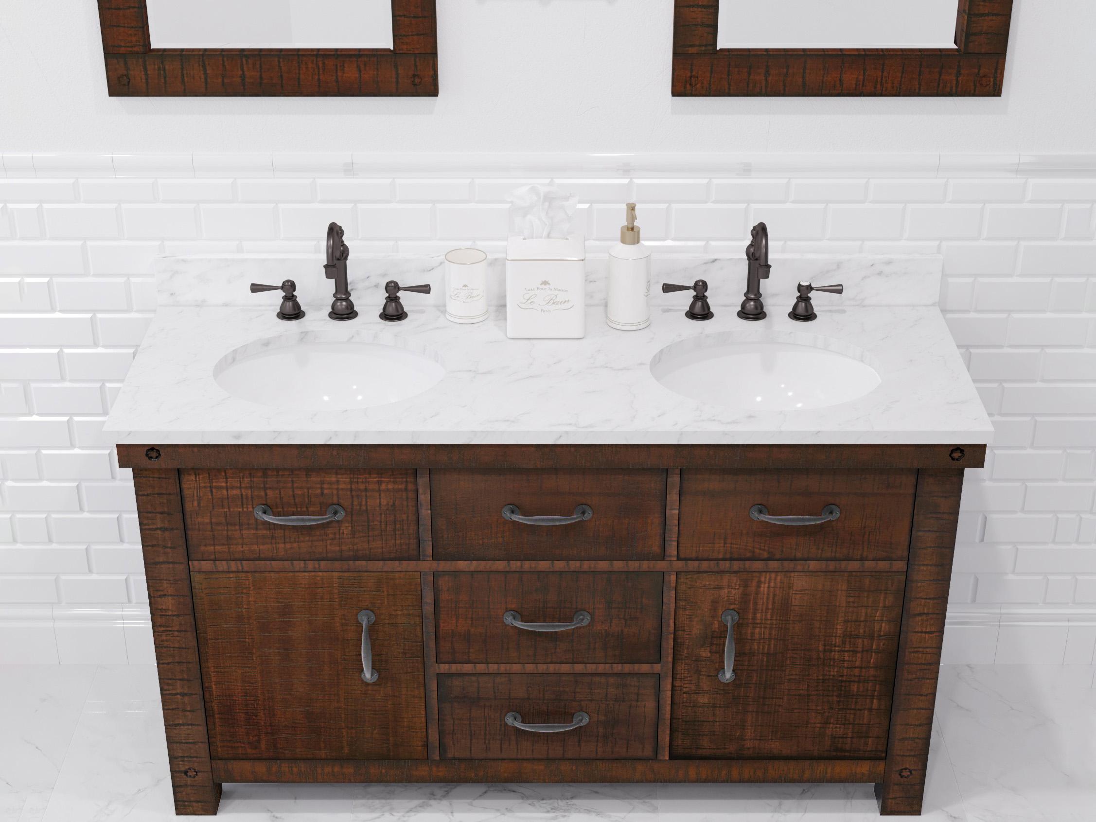 Water Creation Aberdeen White Marble Countertop Bath Vanity in Rustic Sienna with Oil Rubbed Bronze Hook Faucets