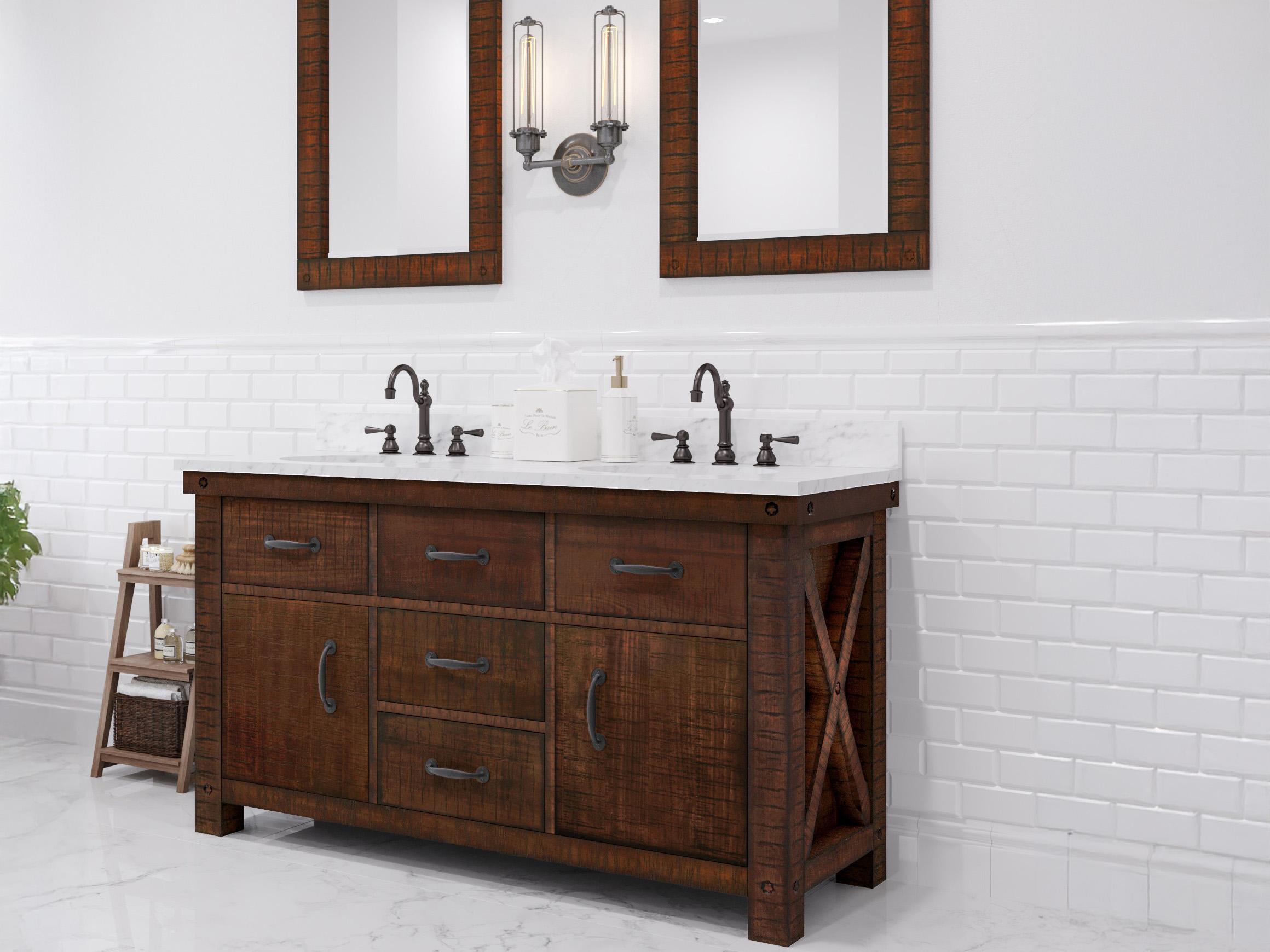 Water Creation Aberdeen White Marble Countertop Bath Vanity in Rustic Sienna with Oil Rubbed Bronze Hook Faucets
