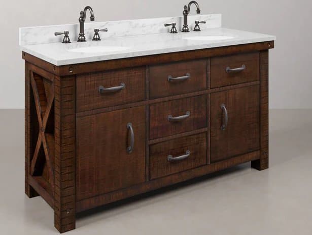 Water Creation Aberdeen White Marble Countertop Bath Vanity in Rustic Sienna with Oil Rubbed Bronze Hook Faucets