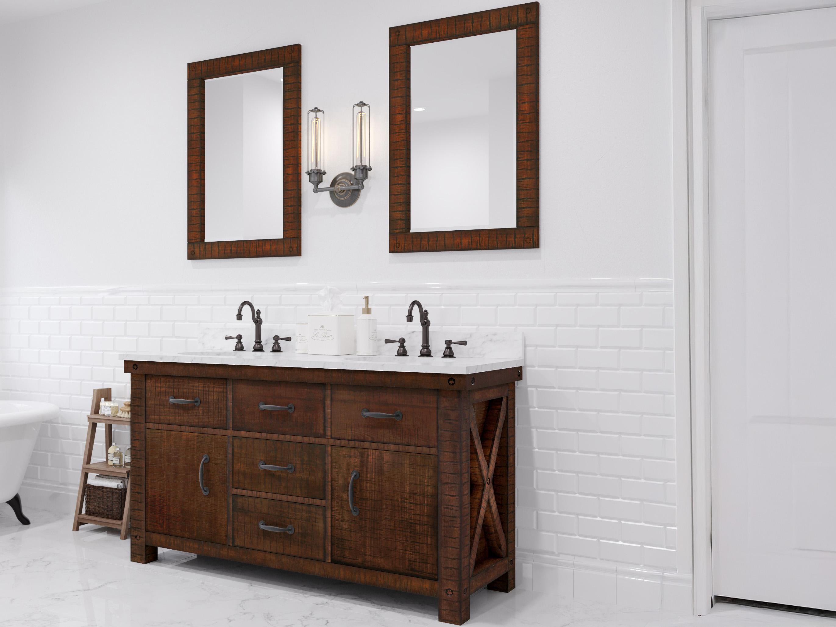 Water Creation Aberdeen White Marble Countertop Bath Vanity in Rustic Sienna with Oil Rubbed Bronze Hook Faucets and Rectangular Mirrors (S)