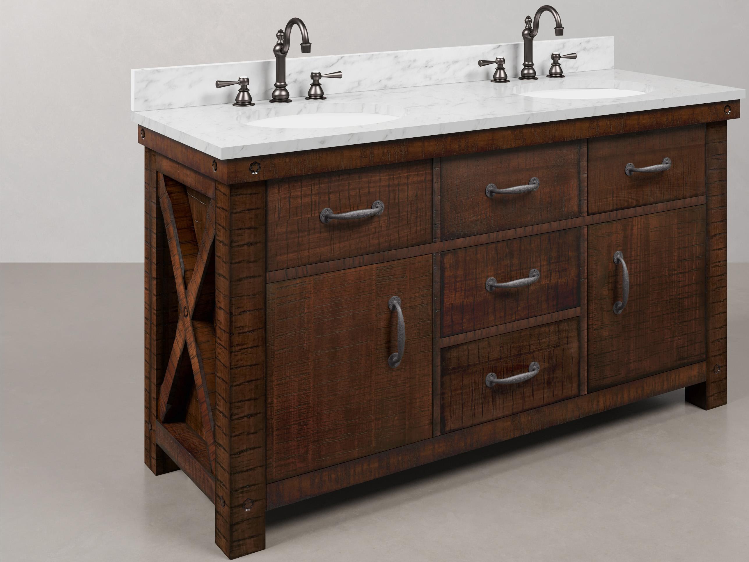 Water Creation Aberdeen White Marble Countertop Bath Vanity in Rustic Sienna with Oil Rubbed Bronze Hook Faucets and Rectangular Mirrors (S)