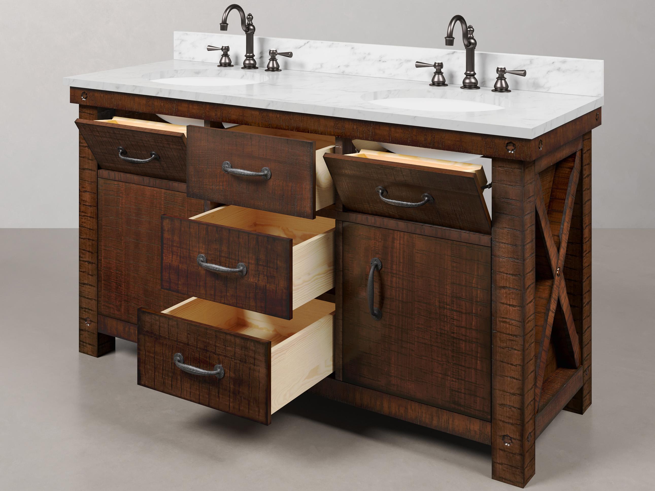 Water Creation Aberdeen White Marble Countertop Bath Vanity in Rustic Sienna with Oil Rubbed Bronze Hook Faucets and Rectangular Mirrors (S)