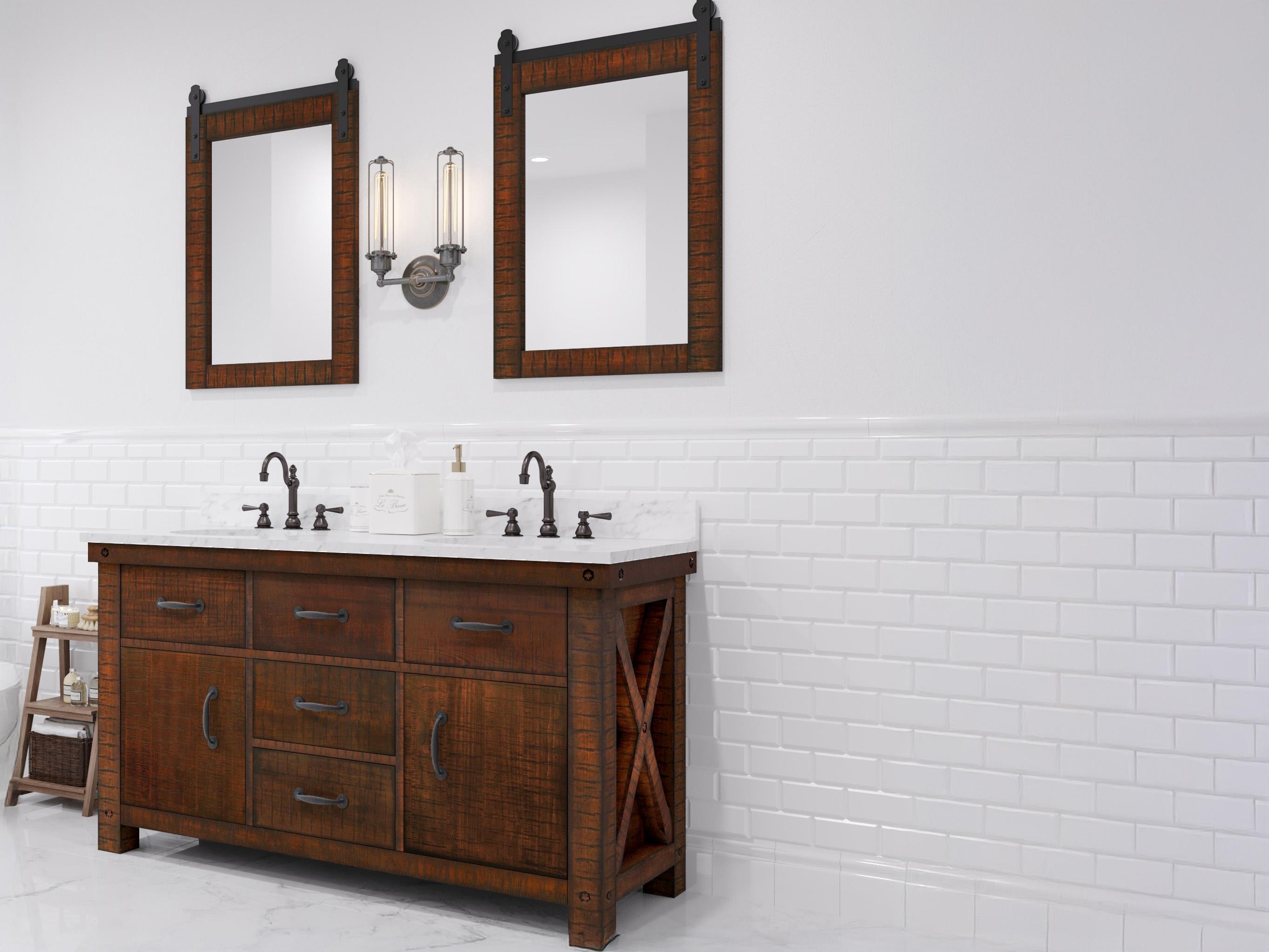 Water Creation Aberdeen  White Marble Countertop Bath Vanity in Rustic Sienna with Barn Door Style Mirror (S)